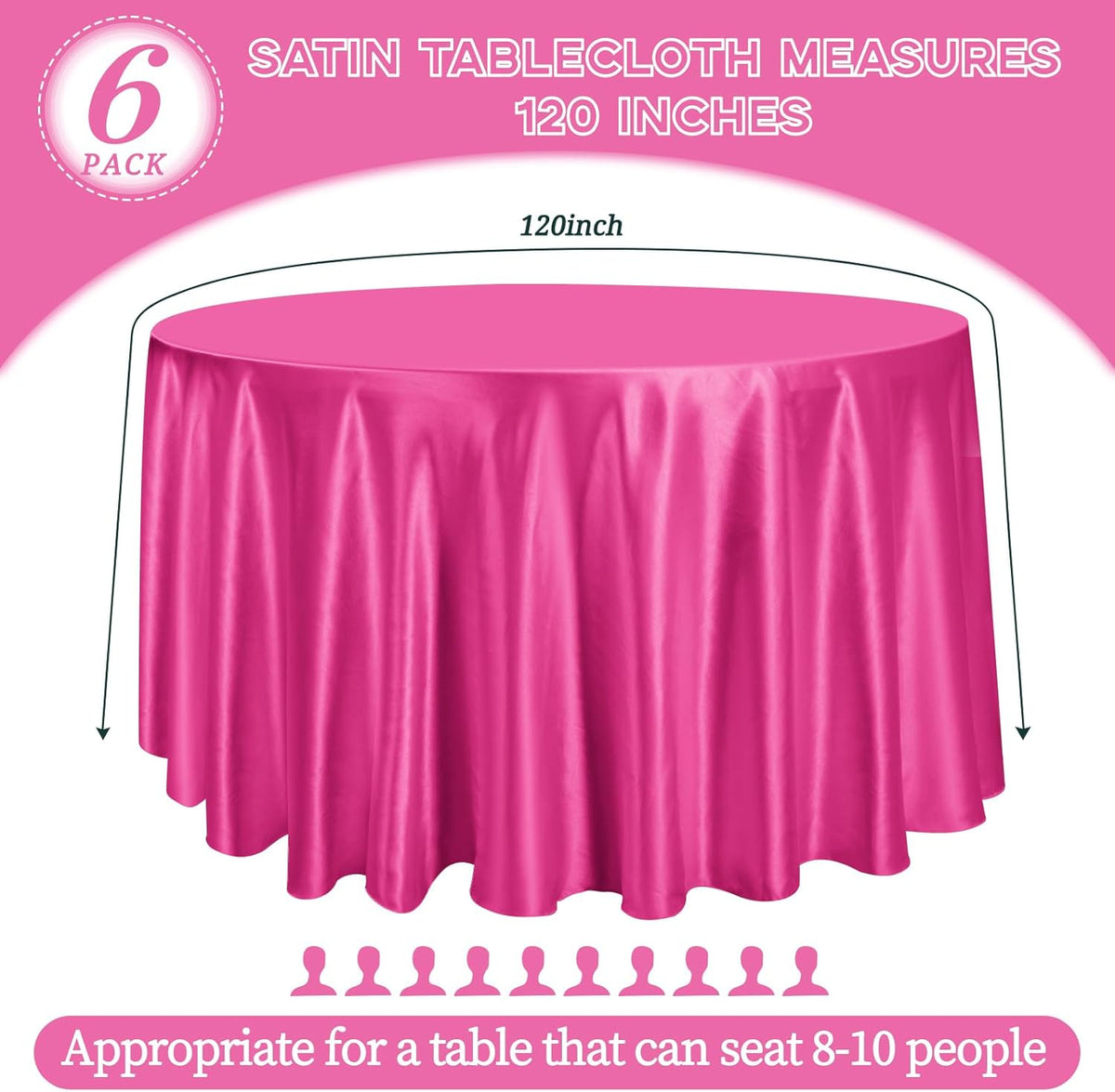 fani 6 Pack 120 Inch Hot Pink Satin Tablecloth - Silky Round Tablecloth Overlay Smooth Fabric Table