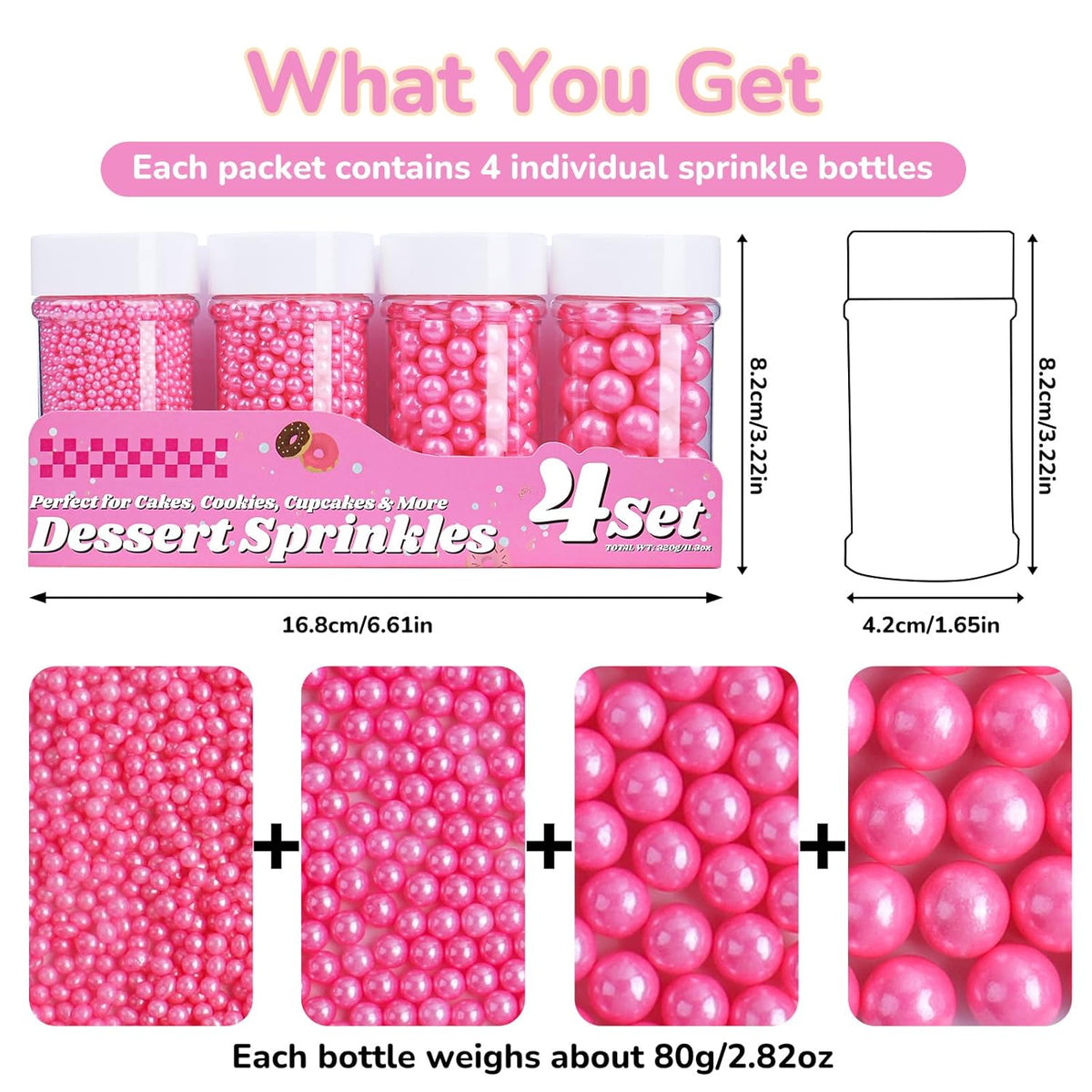 Pink Pearl Sprinkles for Cake Decorating, 11.3 Oz Edible Pearls Sugar 4 Sizes Gift Box Set for