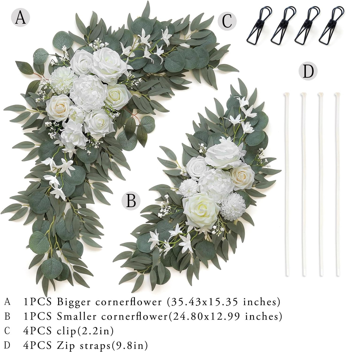Artificial Flower Swag Set of 2 for Wedding Welcome Signs Floral Decorations, White Wedding Arch
