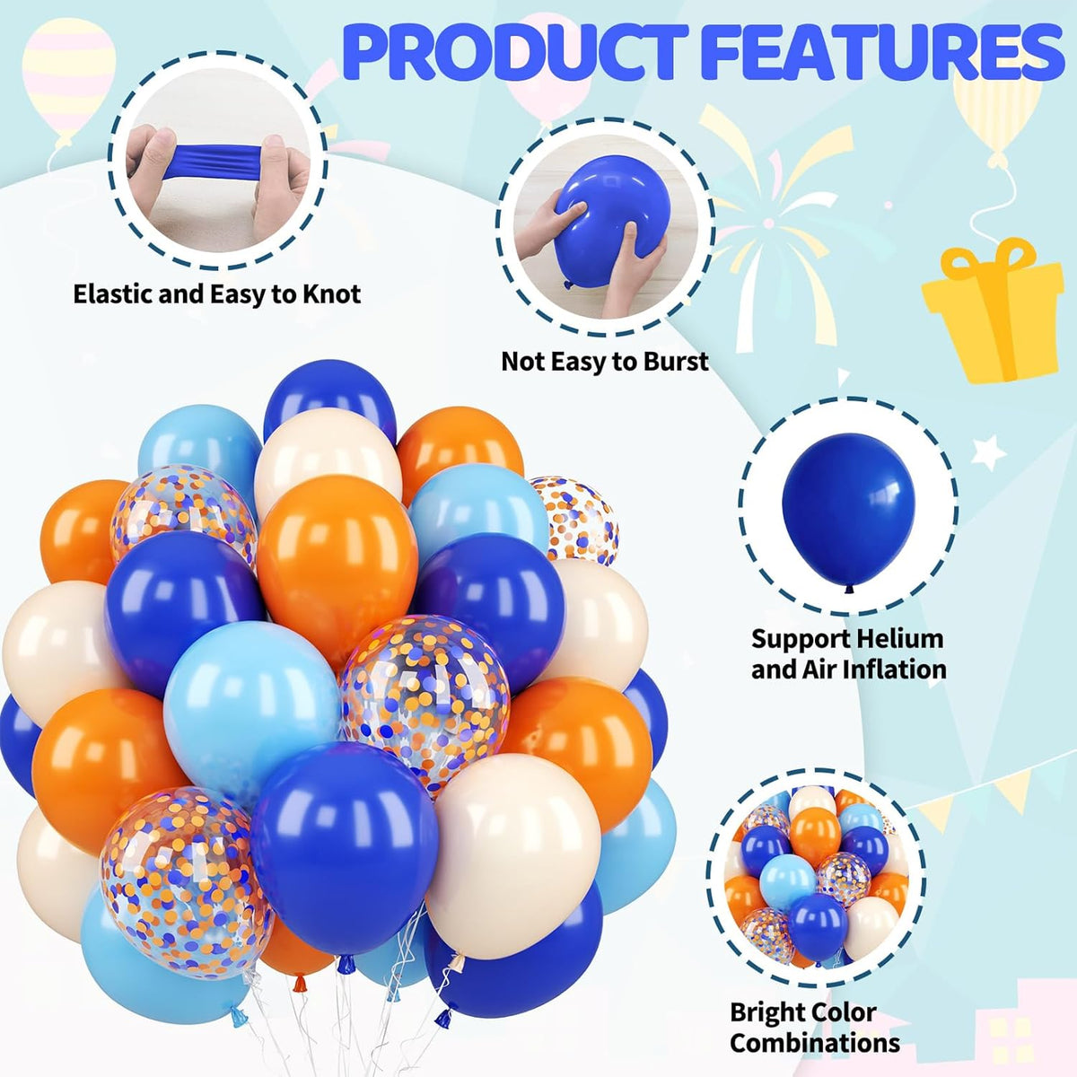 Blue and Orange Balloons Set, 50PCS 12 Inch Confetti Balloon Orange Dark Light Blue Apricot Nude