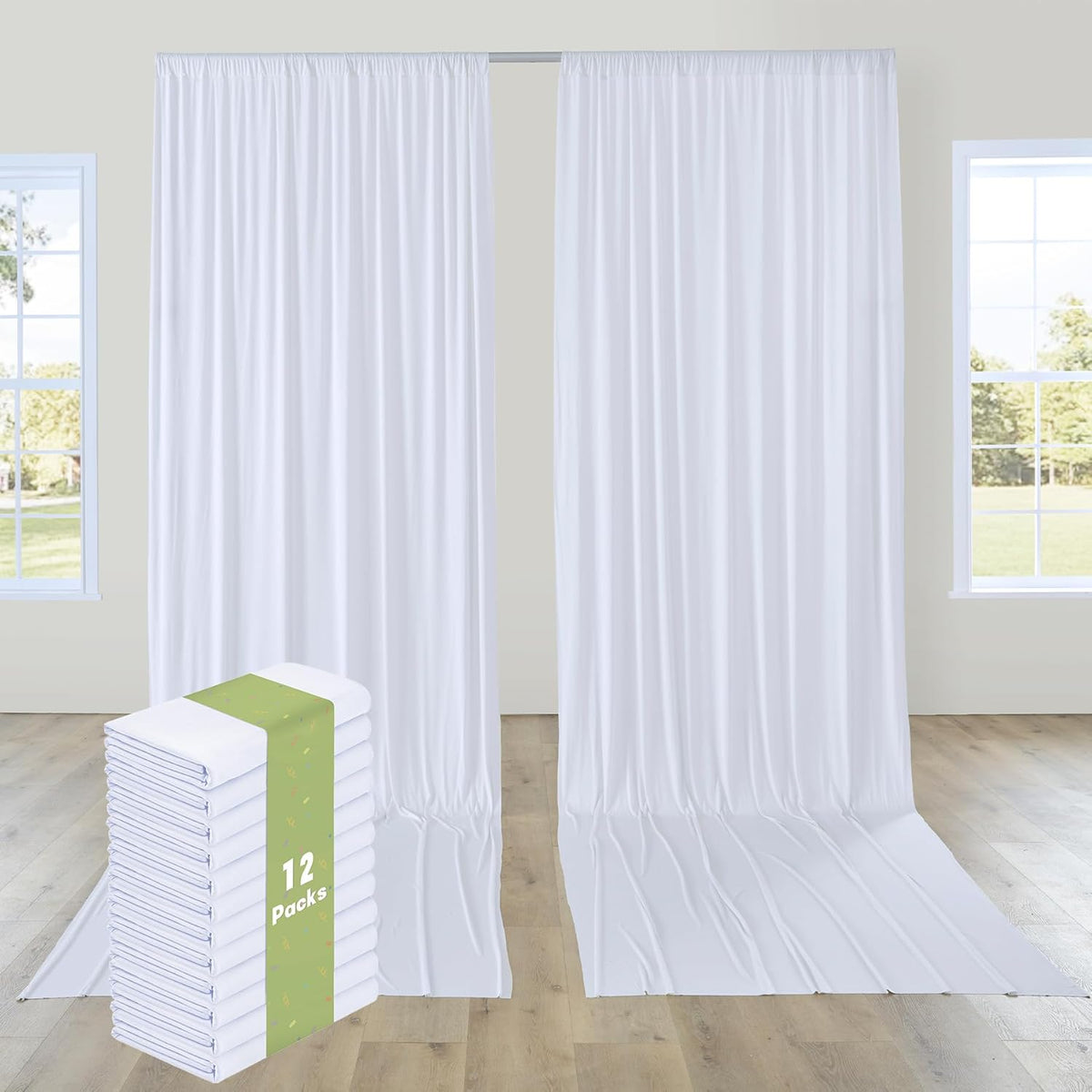 PartyVillage 60ft×15ft White Backdrop Curtain for Wedding Parties, 12 Panels Wrinkle Free 15 FT