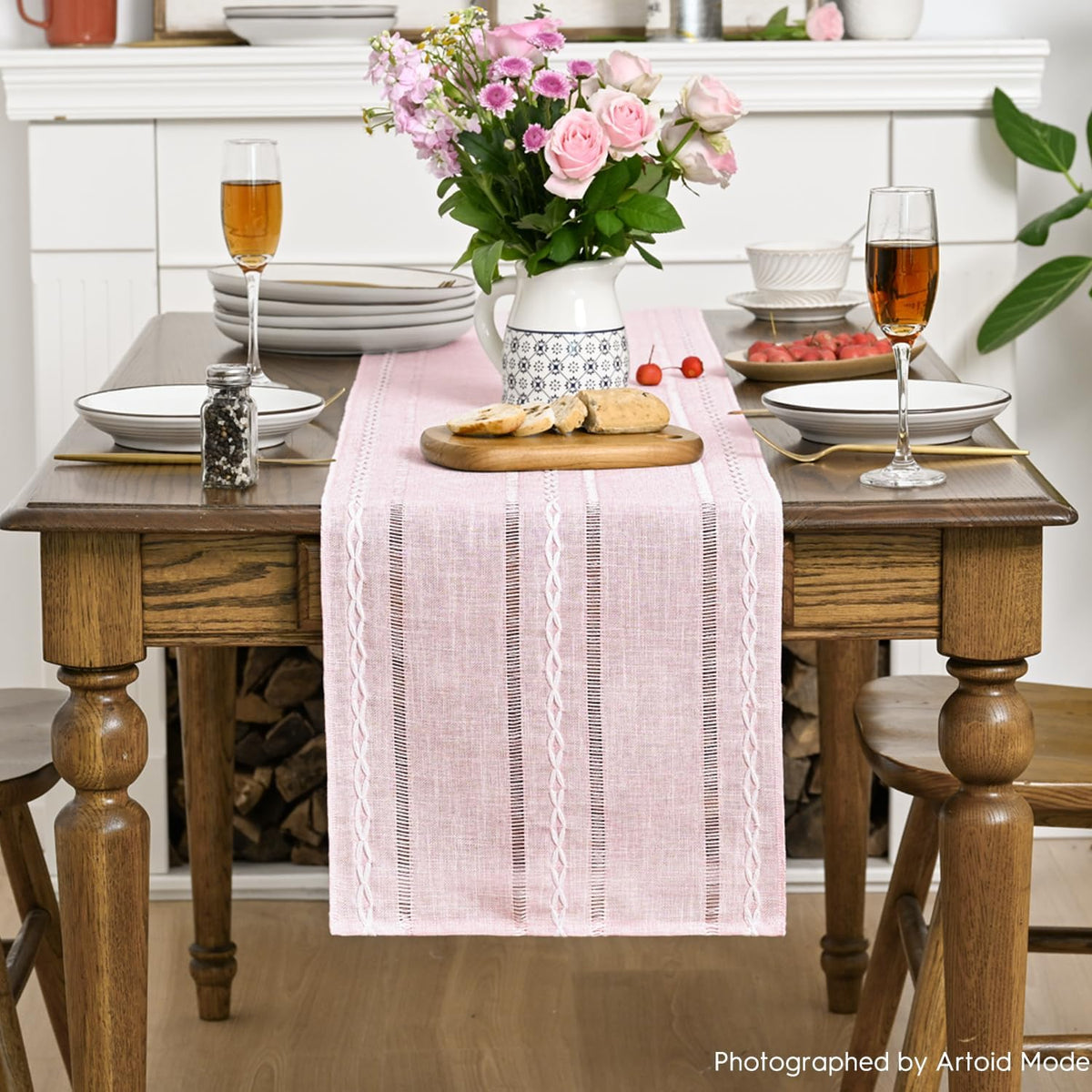 Artoid Mode Pink Rustic Cotton Linen Table Runner, Seasonal Embroidered Hollow Kitchen Dining Table