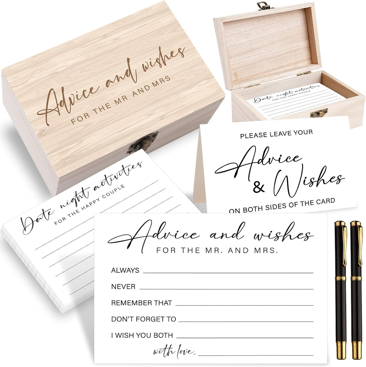 85 Pcs Advice and Wishes Cards Wooden Box Set for The Mr and Mrs,White Advice and Wishes Cards with