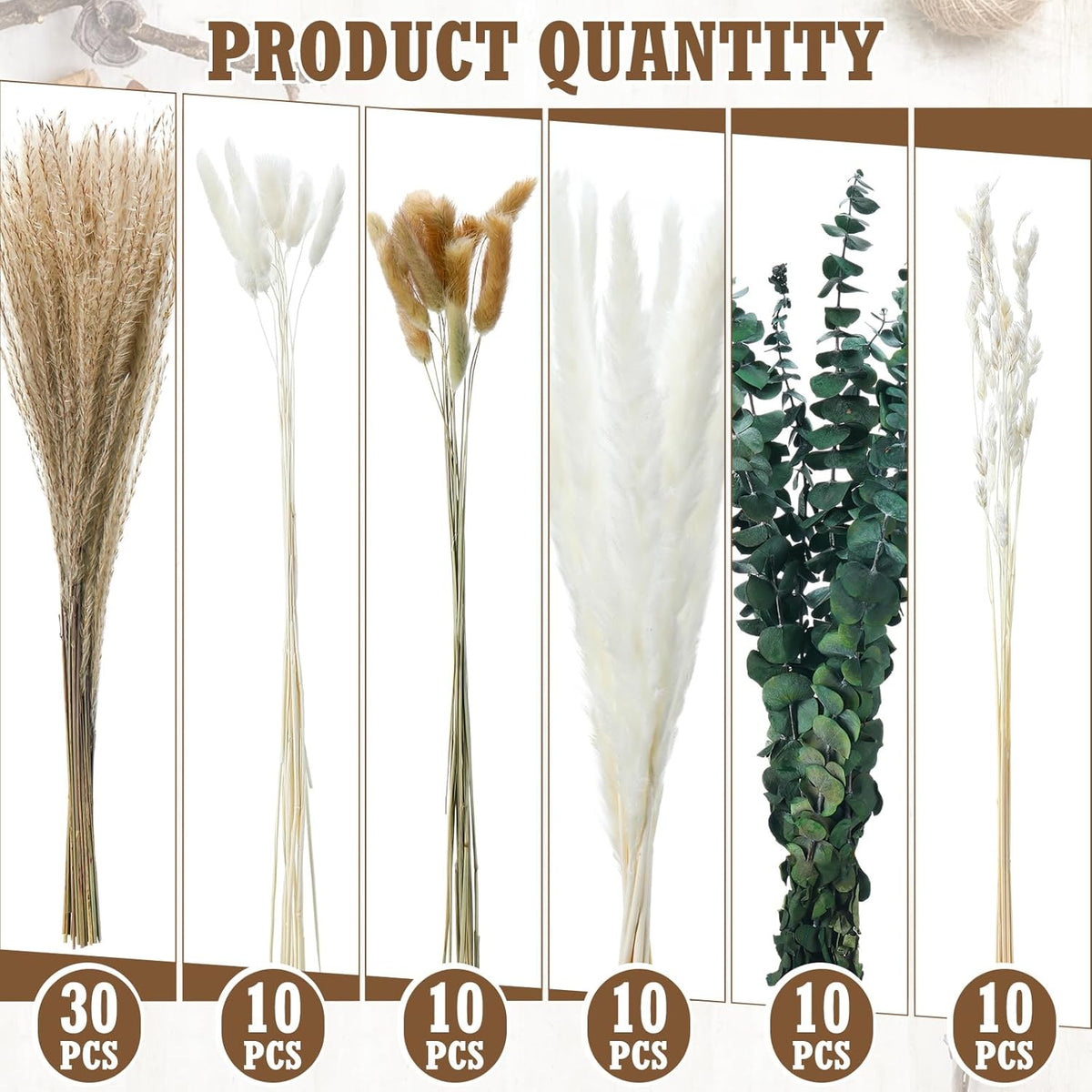 10 Set Dried Pampas Grass Centerpiece for Wedding 10 Clear Glass Jars 10 Artificial Roses 80 Dried
