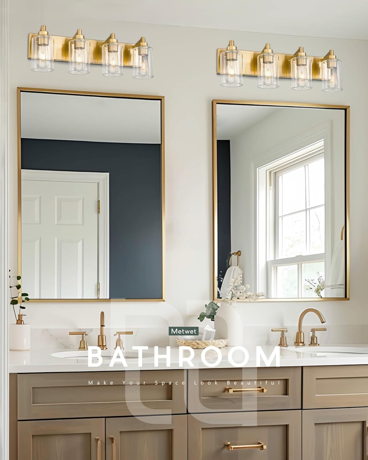 4-Light Bathroom Light Fixtures, Brushed Gold Vanity Light with Cylinder Clear Glass Shade, Modern