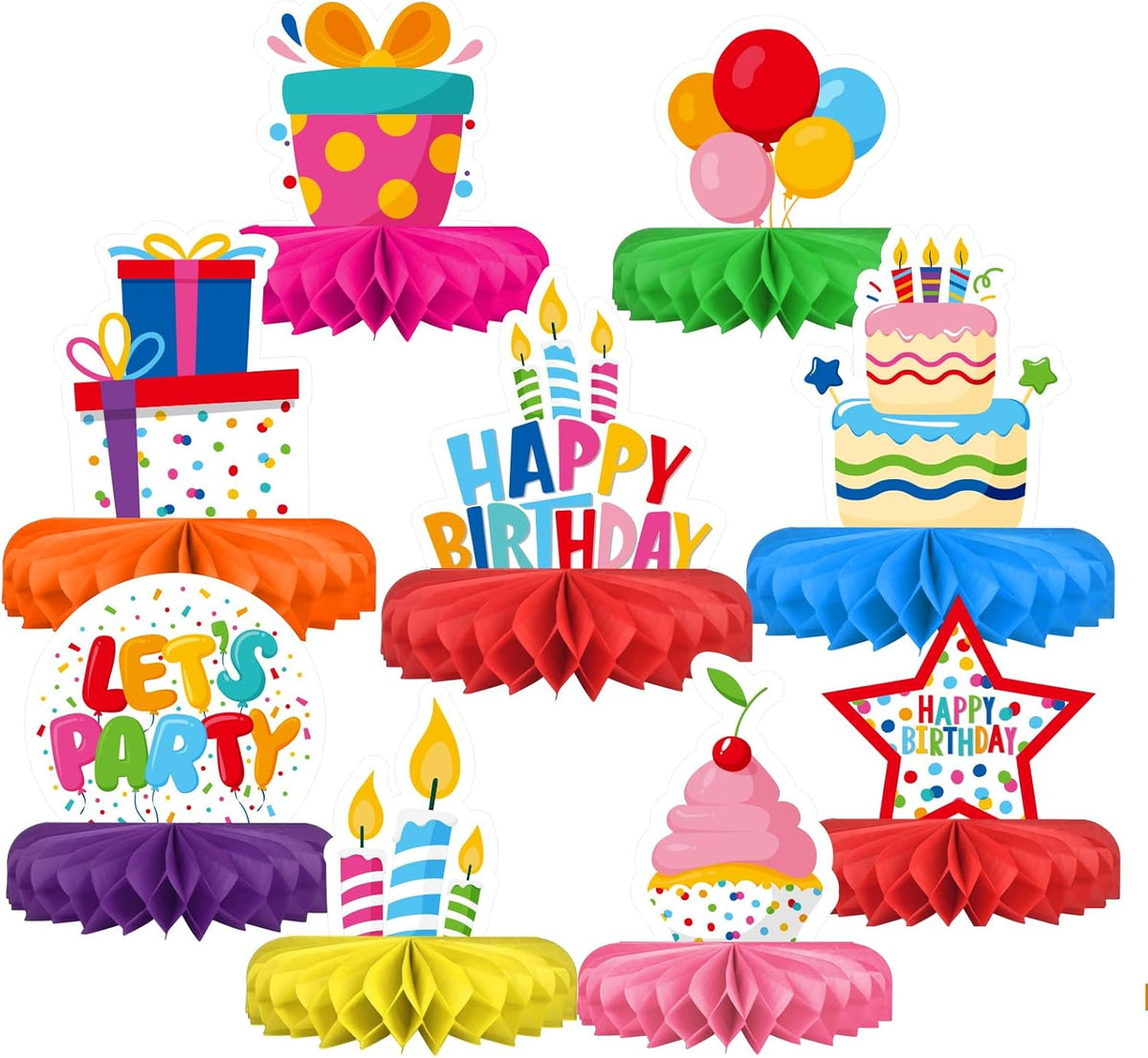 Happy Birthday Decorations Set - Colorful Themed Honeycomb Centerpiece, Table Decoration for Kids'
