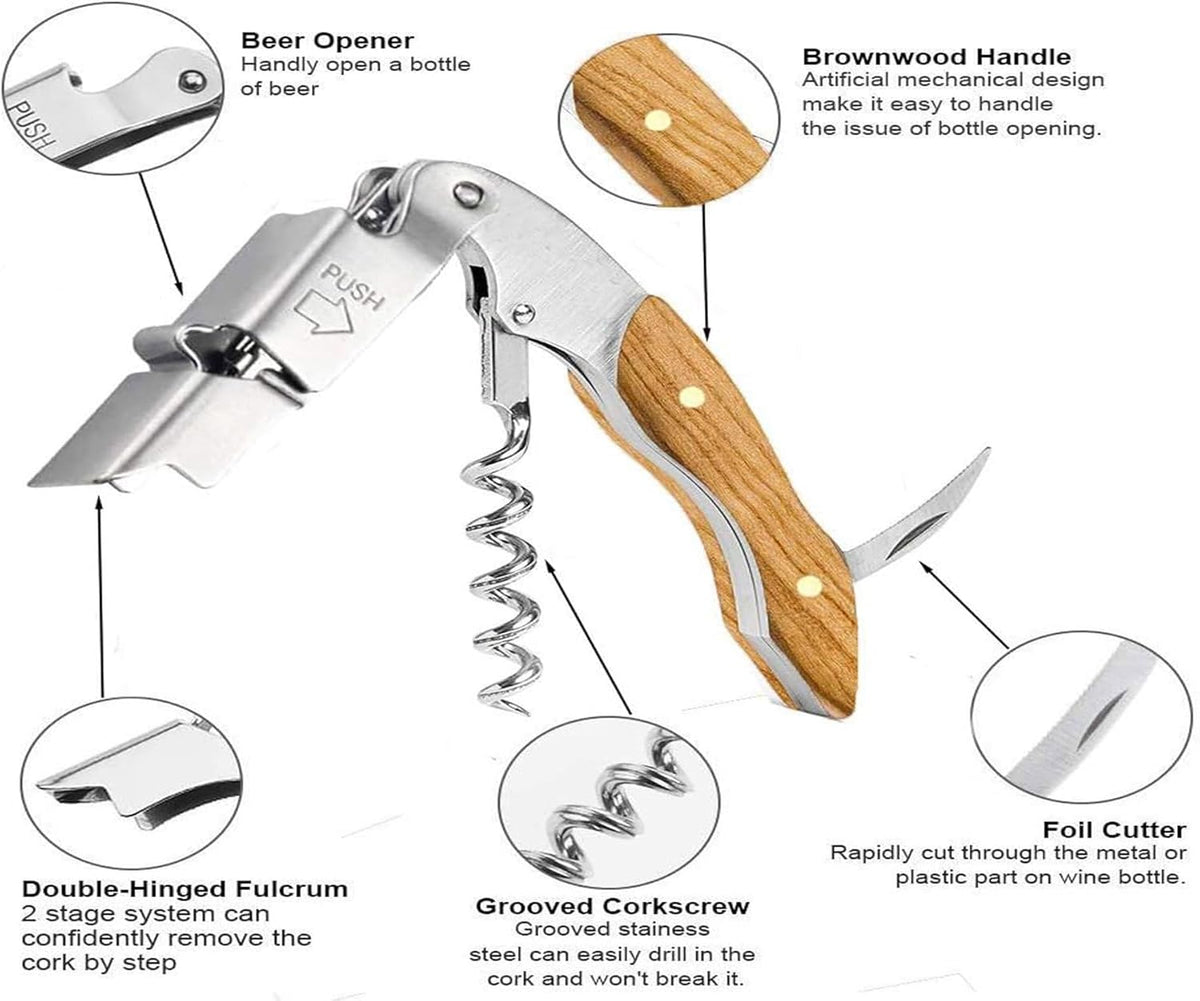 Professional Waiter Corkscrew Wine Key for Bartenders Set of 3,With Long Rosewood Handle Stainless