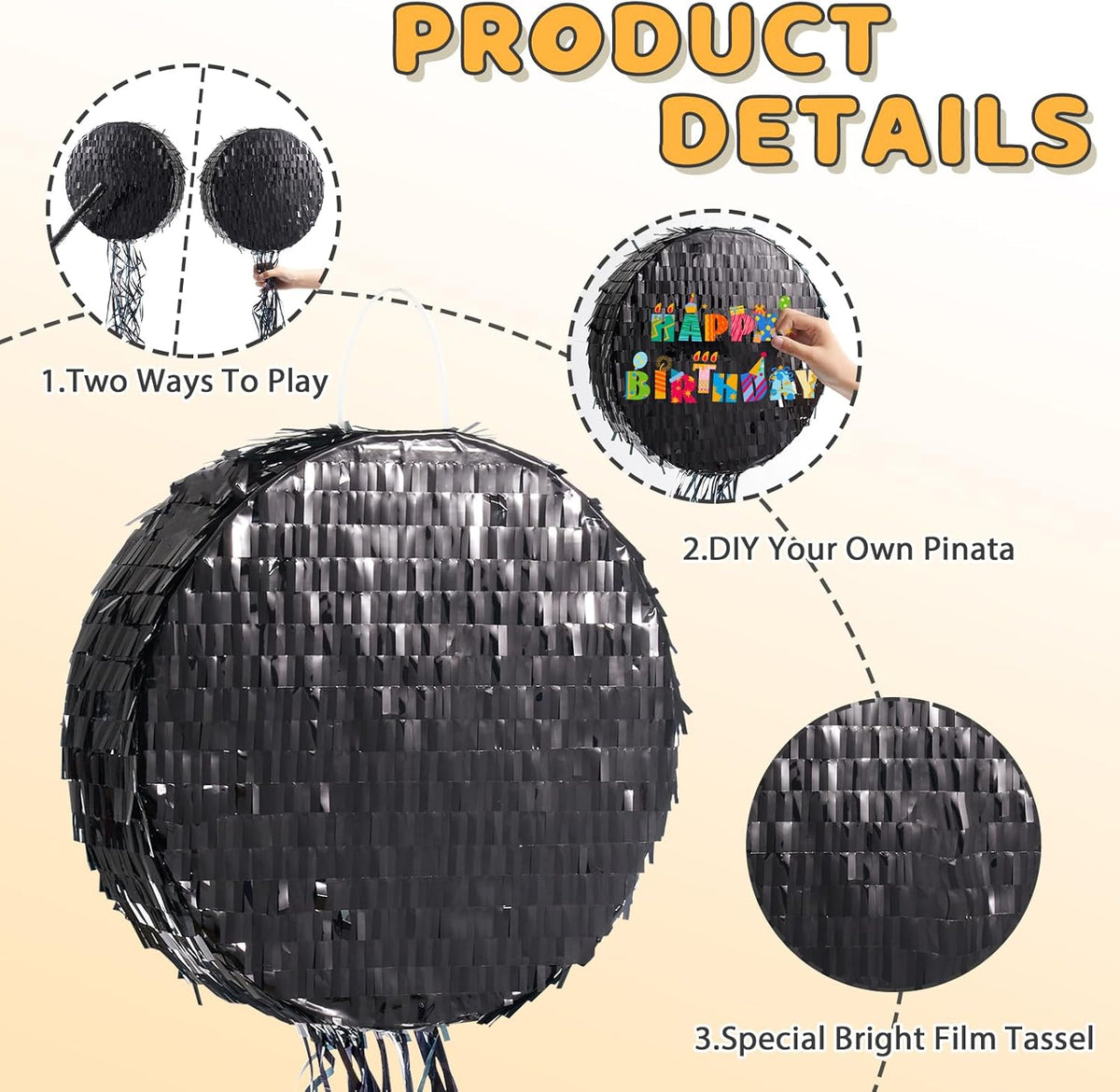 WERNNSAI Black Round Pinata for DIY - Halloween Black Moon Pinata for Kids DIY Birthday Party Disco
