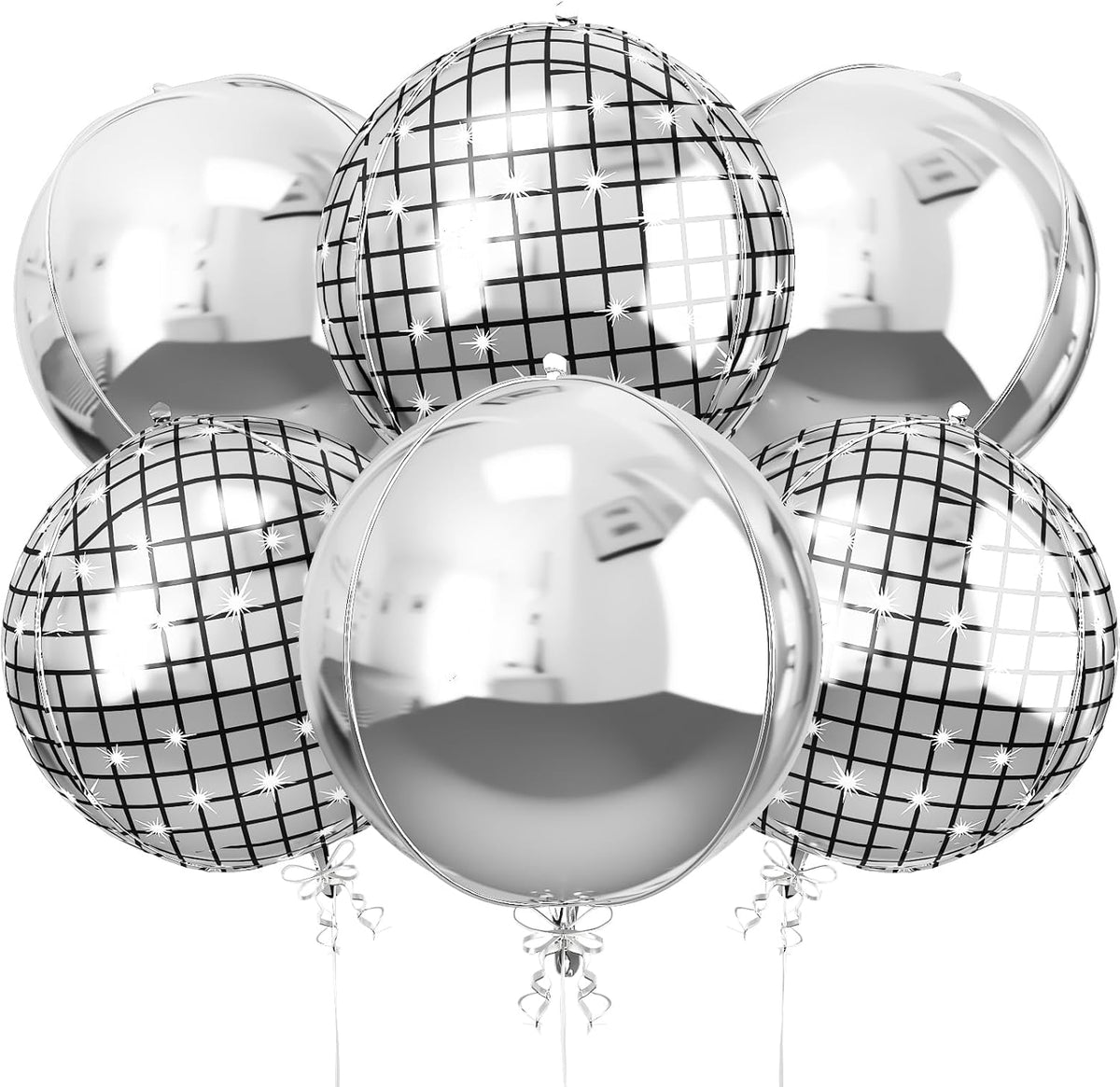 6Pcs 22 Inch Silver Balloons, Disco Ball Balloons with Silver Round Foil Balloon, 70s 80s 90s Theme
