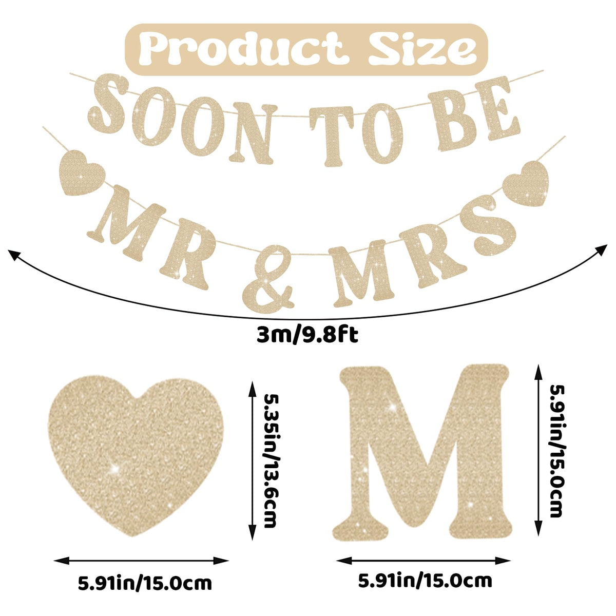 SerpizePaty Soon To Be Mr & Mrs Sign Banner For Bridal Shower Decorations, Pre-strung Gold Glitter