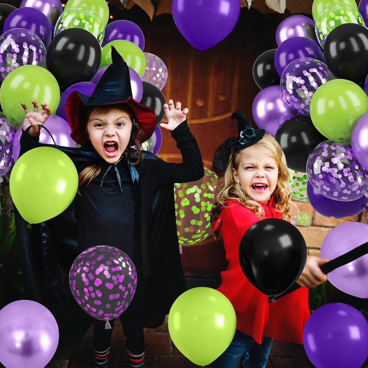 Purple Green Balloons, 12 Inch Halloween Balloons Set, Matte Black Fruit Green and Metallic Purple