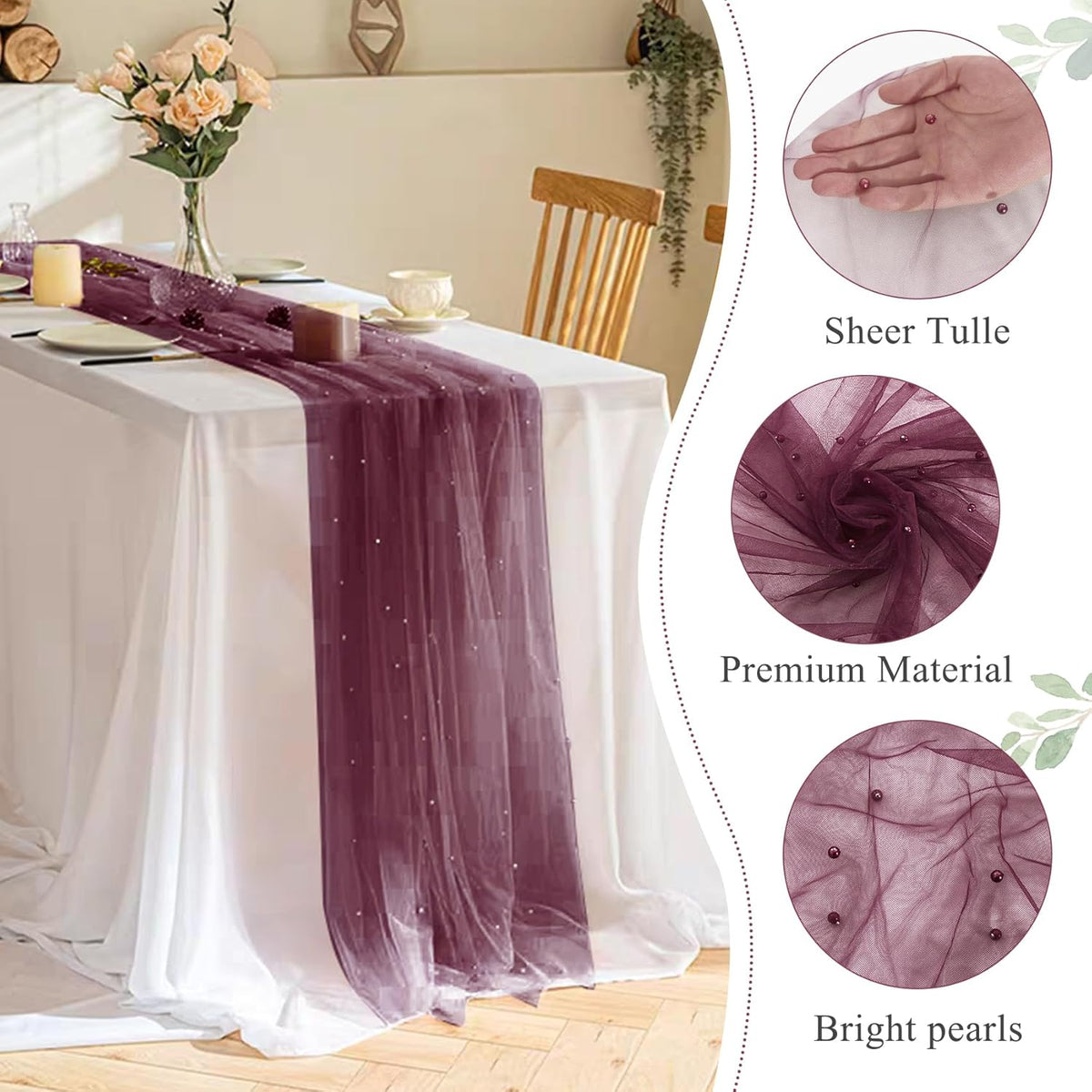 Set of 6 Pearl Table Runner 29 x 120 Inch Tulle Fabric Lace Table Runners Boho Rustic Tablecloth