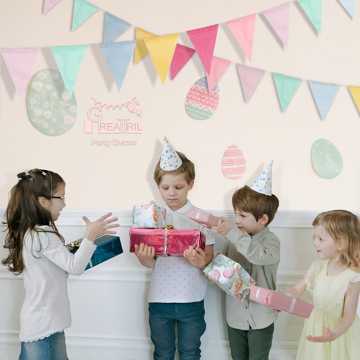 Pennant Banner Flags Pastel - GREATRIL Colorful Triangle Banners for Birthday Easter Classroom