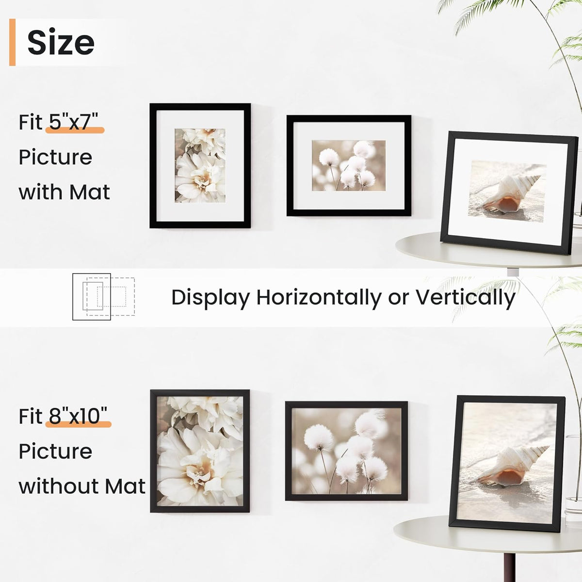 8x10 inch Picture Frame, 8x10 Photo Frames with 5x7 Removable Mat - High Definition Plexiglass