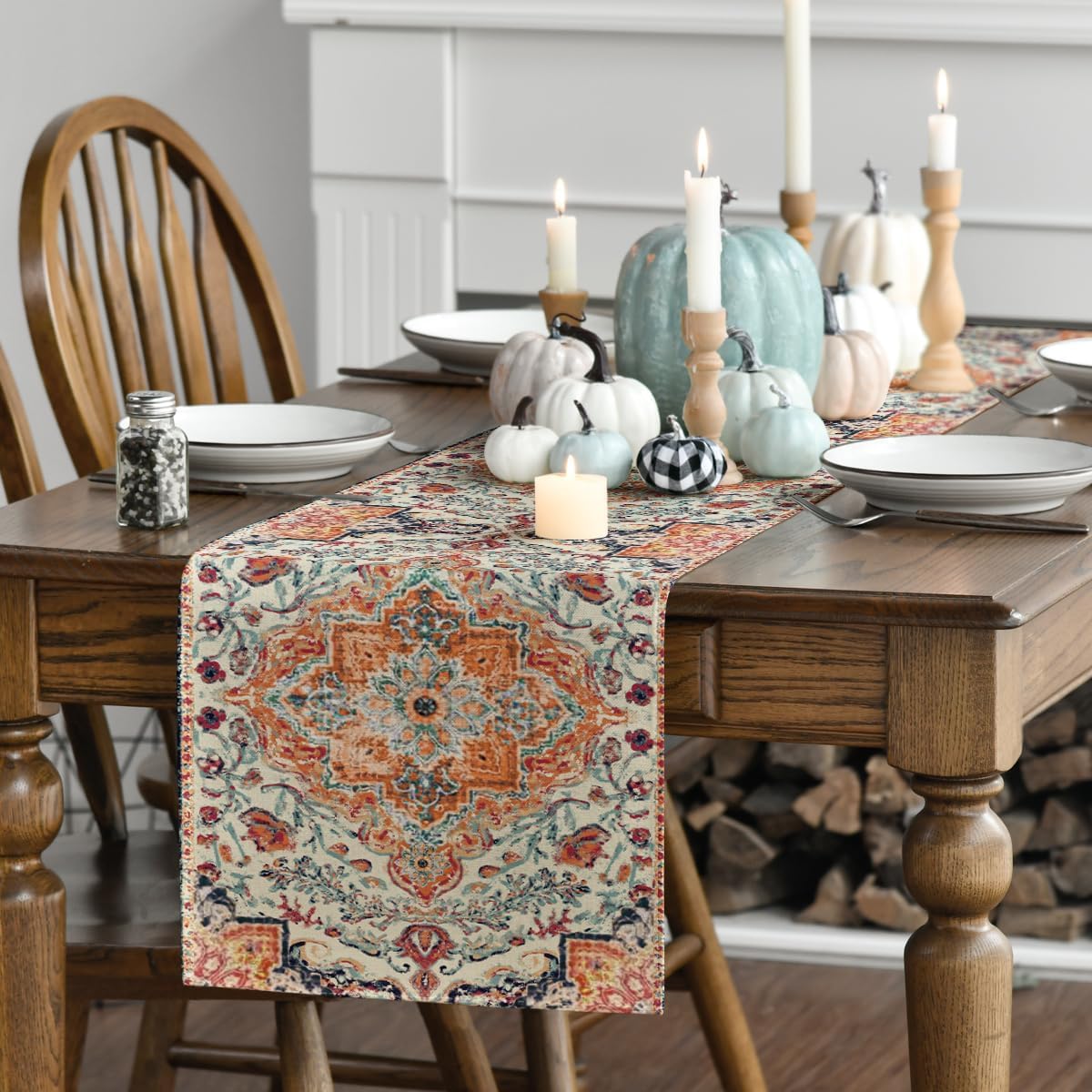 Artoid Mode Boho Bohemia Style Orange Table Runner, Country Rustic Farmhouse Magical Fall Kitchen