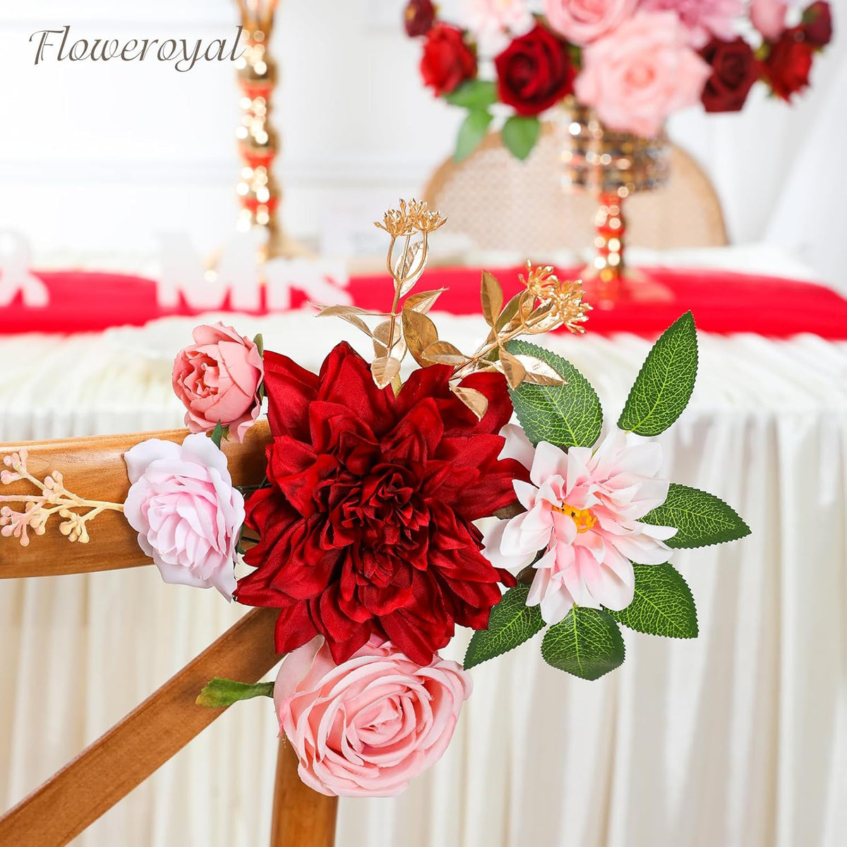 Floweroyal Artificial Flowers Combo Red Flowers Mix Silk Flowers Dahlia Roses with Stems for DIY