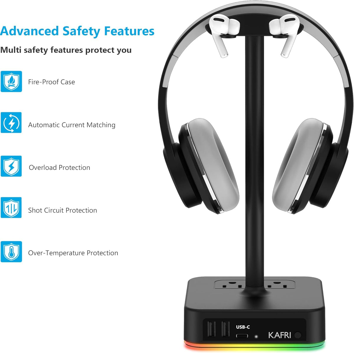 KAFRI RGB Headphone Stand with USB A&C Charger Desk Gaming Headset Holder Hanger Rack with 3 USB