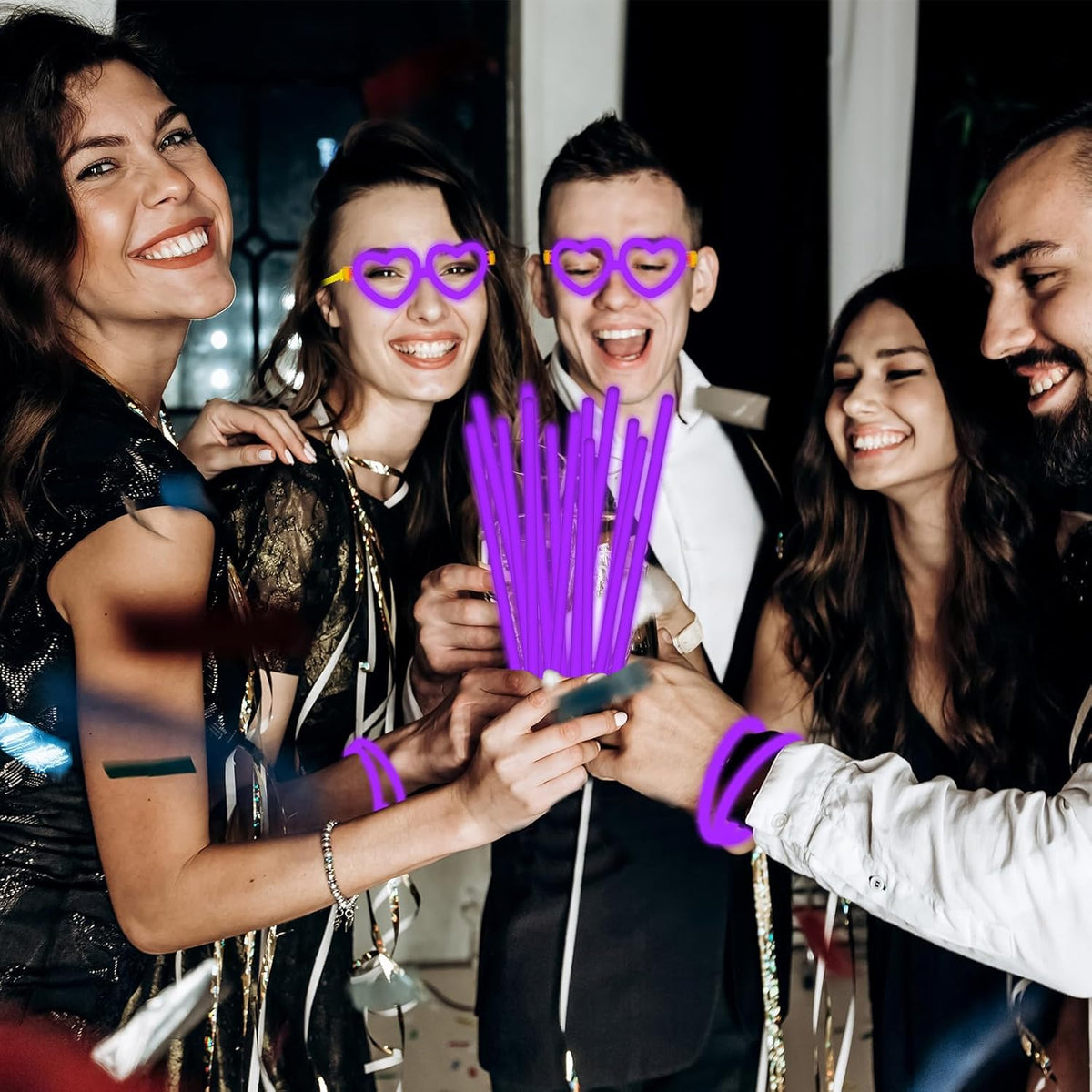 60 Pack 8” Purple Glow Sticks Bulk Bright Glow Sticks with 60 Connectors 20 Heart Glasses Glow In