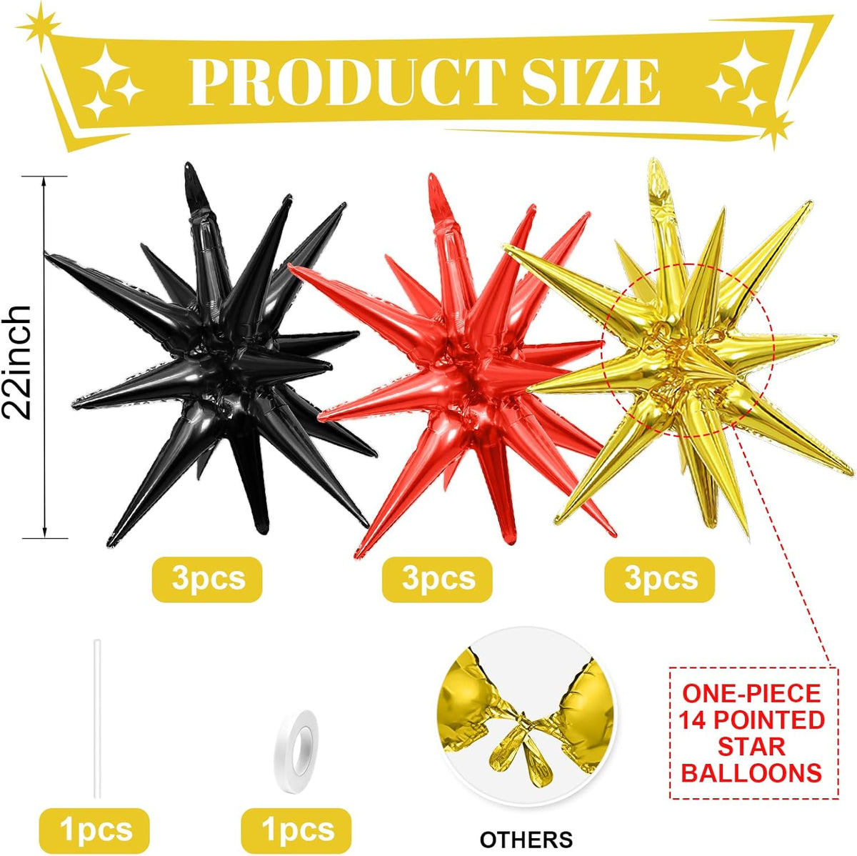 Black Red Gold Star Balloons,9Pcs 22Inch Black Gold Red Explosion Spike Cone Helium Polyester Film