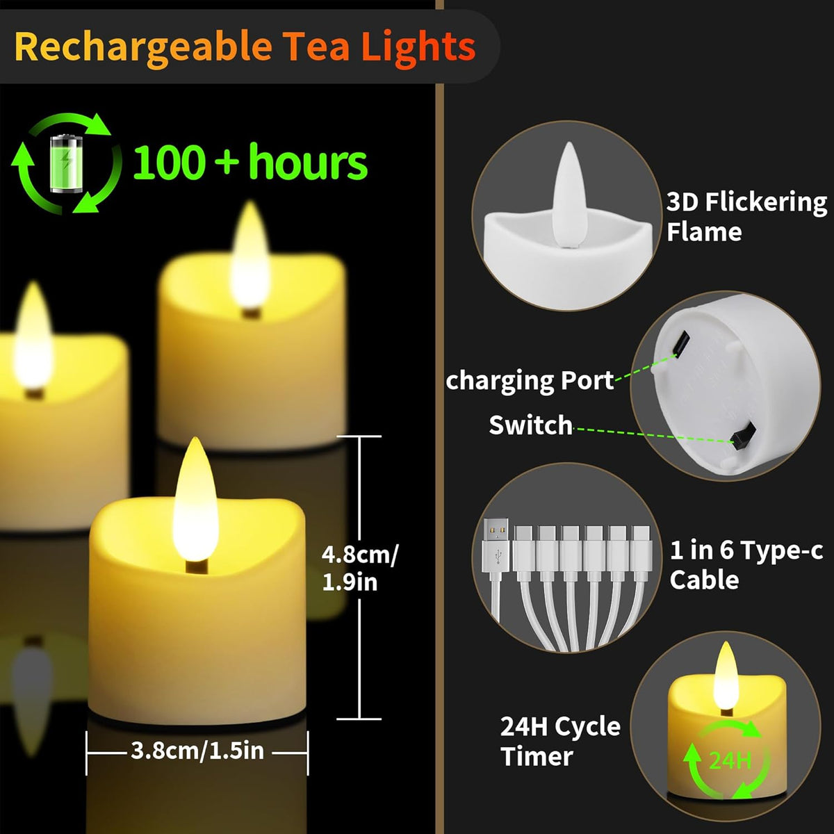 YiaMia Rechargeable Tea Lights with Remote, Flameless LED Candle with 24H Cycle Timer, Battery