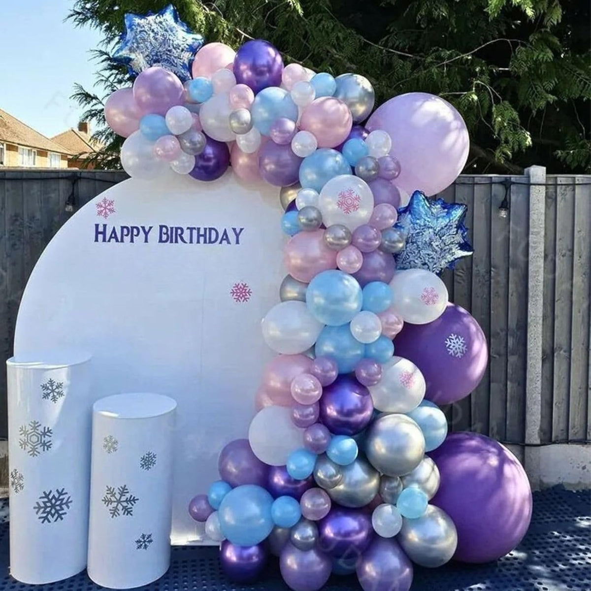Frozen Balloons, 12 Inch Blue and Purple Balloons, Metallic Silver Blue Frozen Print Snowflake
