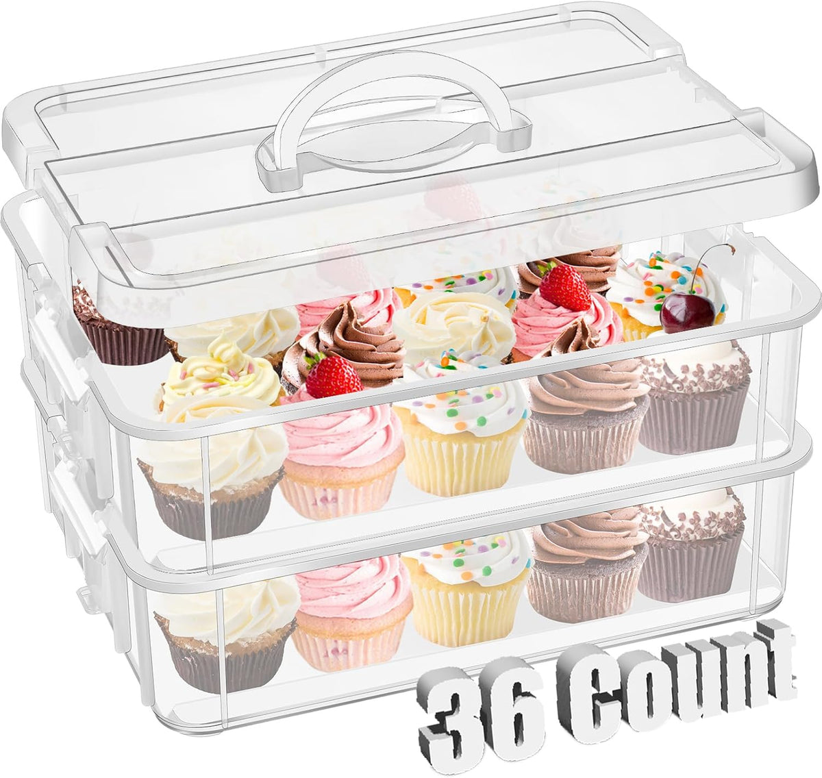 36 Cupcakes Carrier 2-layer for Cake Container Cupcake Holder with Lid and Handle Detachable