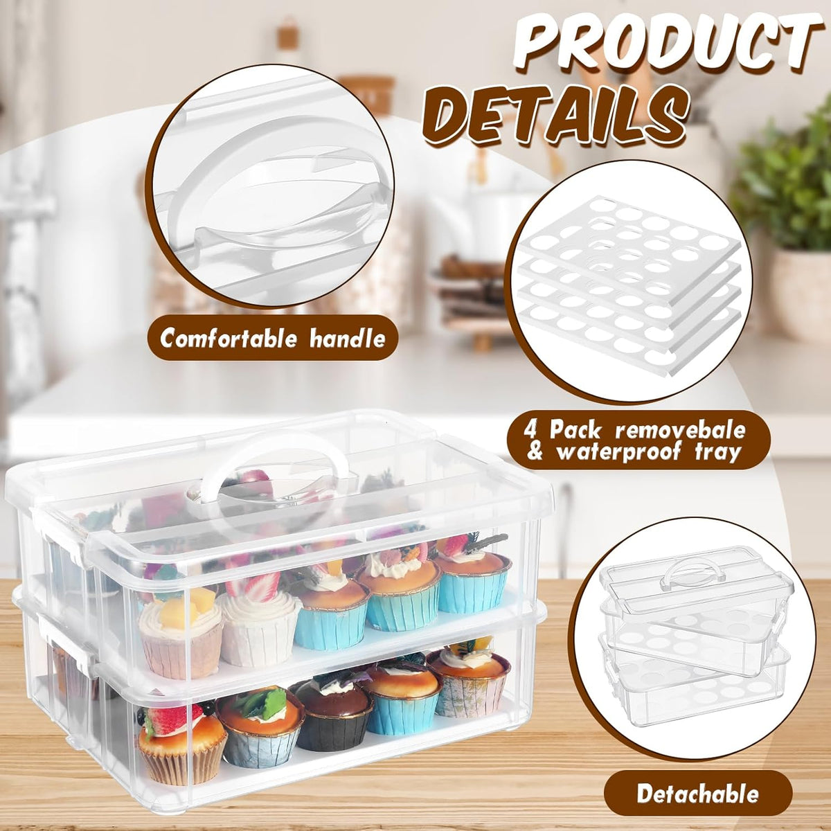 36 Cupcakes Carrier 2-layer for Cake Container Cupcake Holder with Lid and Handle Detachable