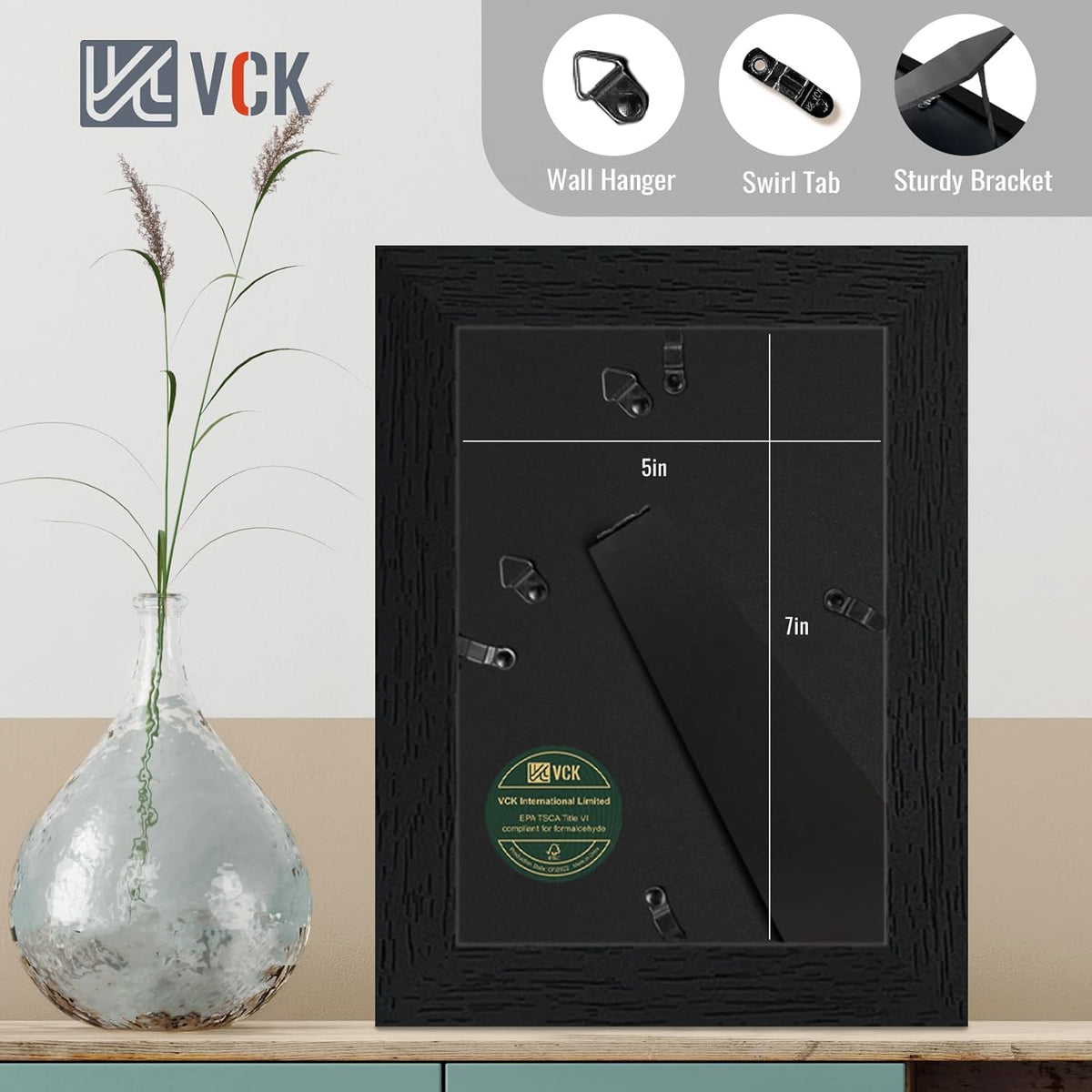 VCK 5x7 Picture Frame Set of 2 - Black, Textured Exclusive Wooden Photo Frames with HD Glass |