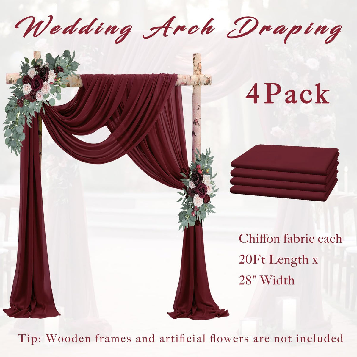 20Ft Length x 28" Width Wedding Arch Draping Fabric 4 Panels Burgundy Arch Drapes Chiffon Fabric
