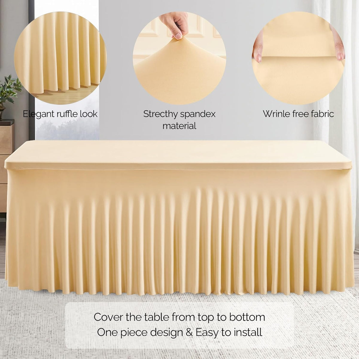 2 Pack Champagne Spandex Table Clothes for 6 Foot Rectangle Tables, 6FT Wrinkle Free Fitted