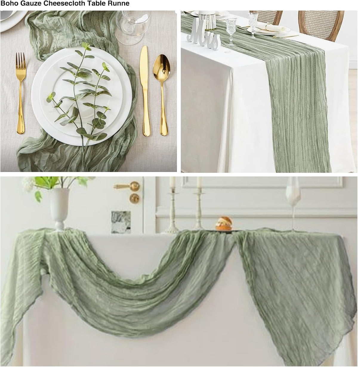 20 Pack Sage Green Cheesecloth Table Runner 17x108 Inch Boho Wrinkled Sheer Romantic Gauze Cheese