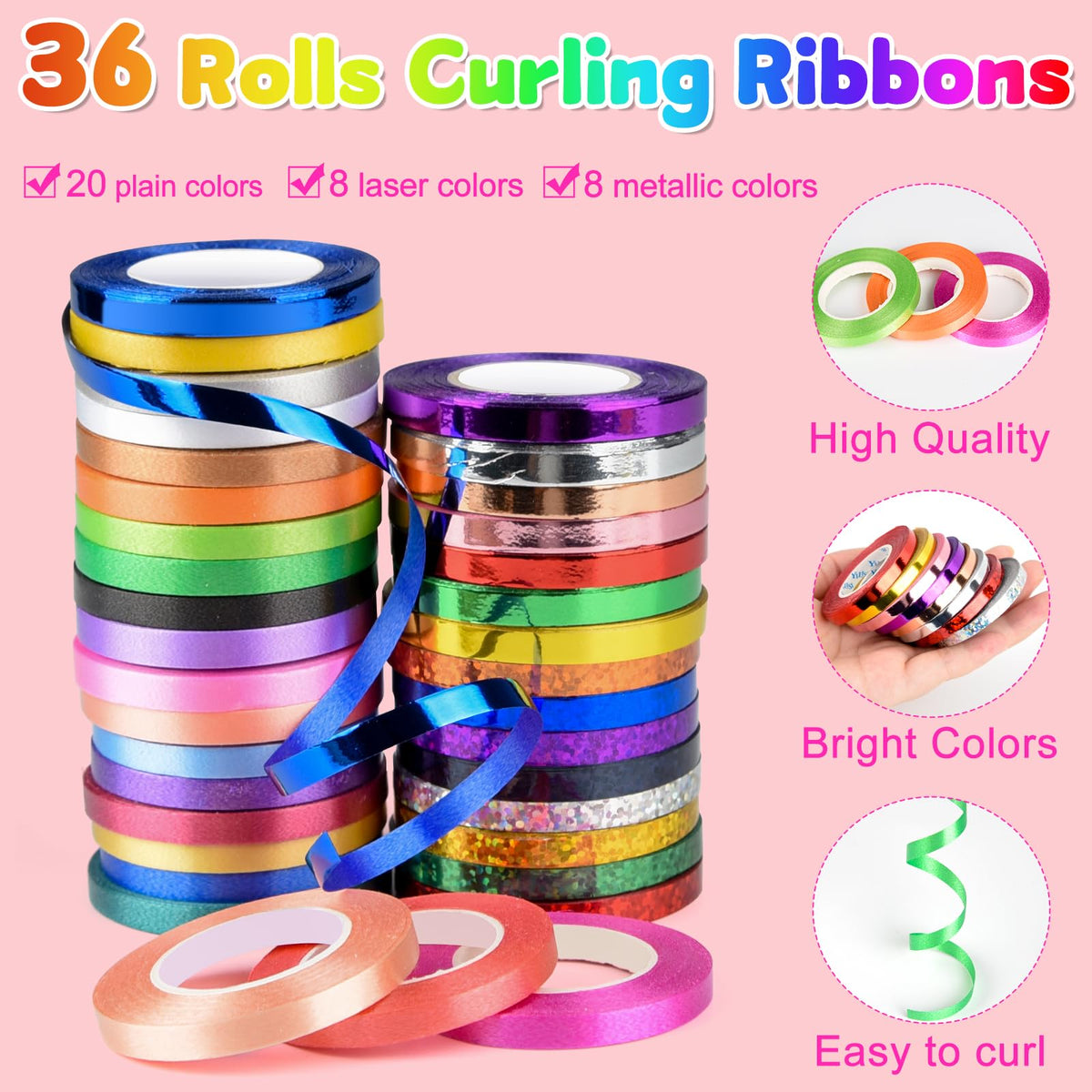 NEBURORA 36 Rolls 36 Colors Curling Ribbon 1/5 Inch 11 Yards Balloon String Ribbon for Gift