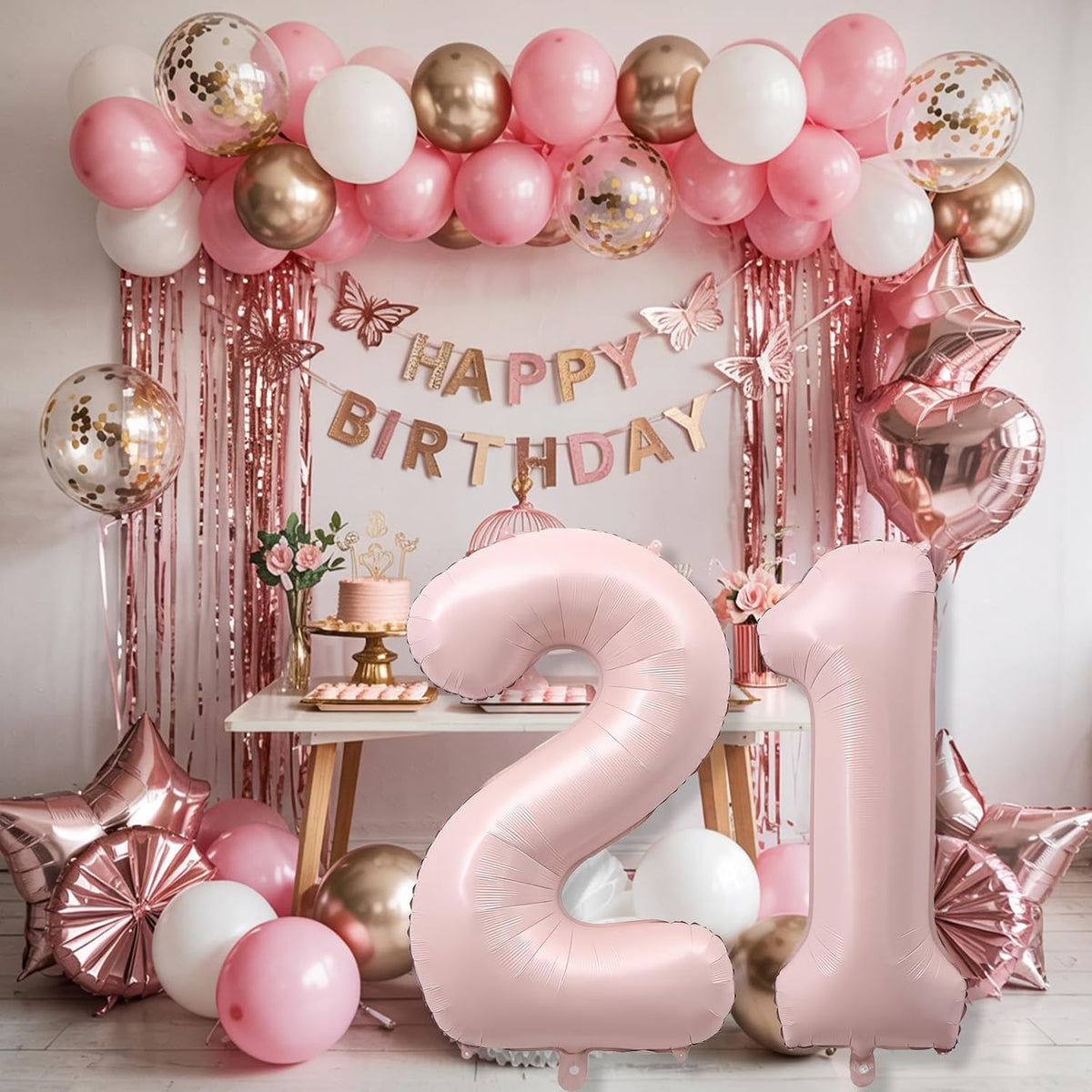 Light Pink 21st Birthday Balloon for Women, 40'' Self Inflating Mylar Number 21 Balloons, Big Blush