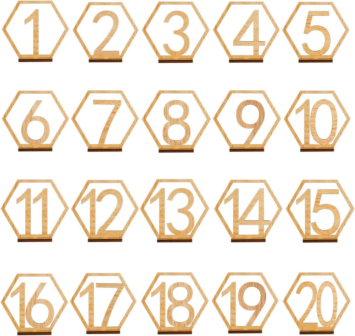 Wooden Table Numbers, Hexagon Shape 1-20 Wedding Table Numbers with Holder Base Rustic Hollow Out