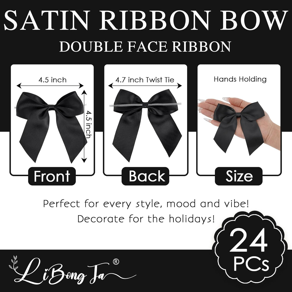 4.5" Satin Ribbon Black Bows for Gift Wrapping, Twist Tie Bows, Cute Bows for Crafts, Party Favors
