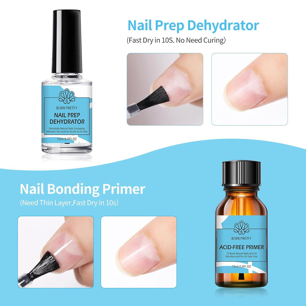 Born Pretty Nail Dehydrator and Primer, Nail Prep Dehydrator Acid Free Nail primer, Cuticle Oil for