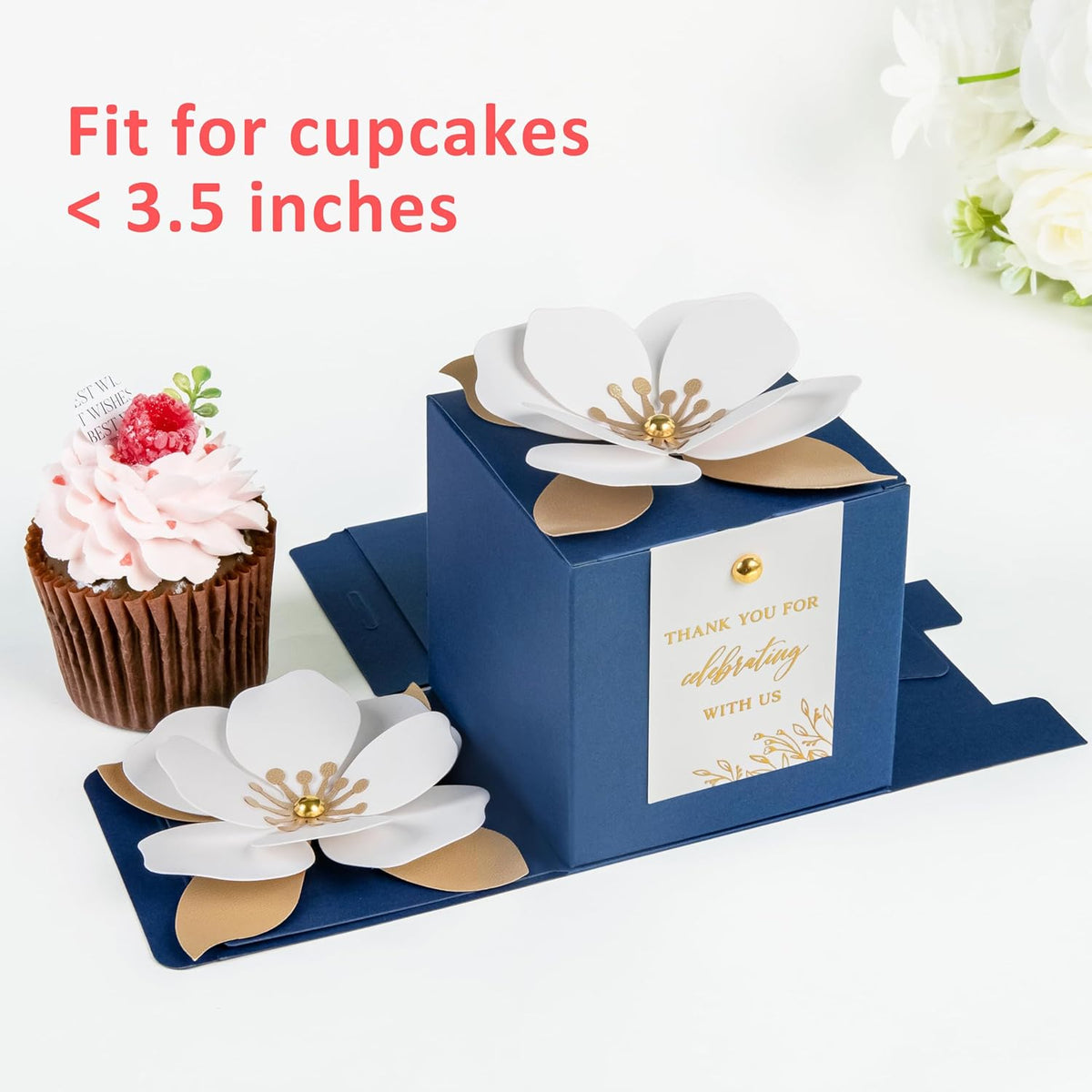 FEIYI 20 PCS Navy Blue Gift Boxes, 3 In 1 Favor Boxes with Floral Decor, White Thank You Tags