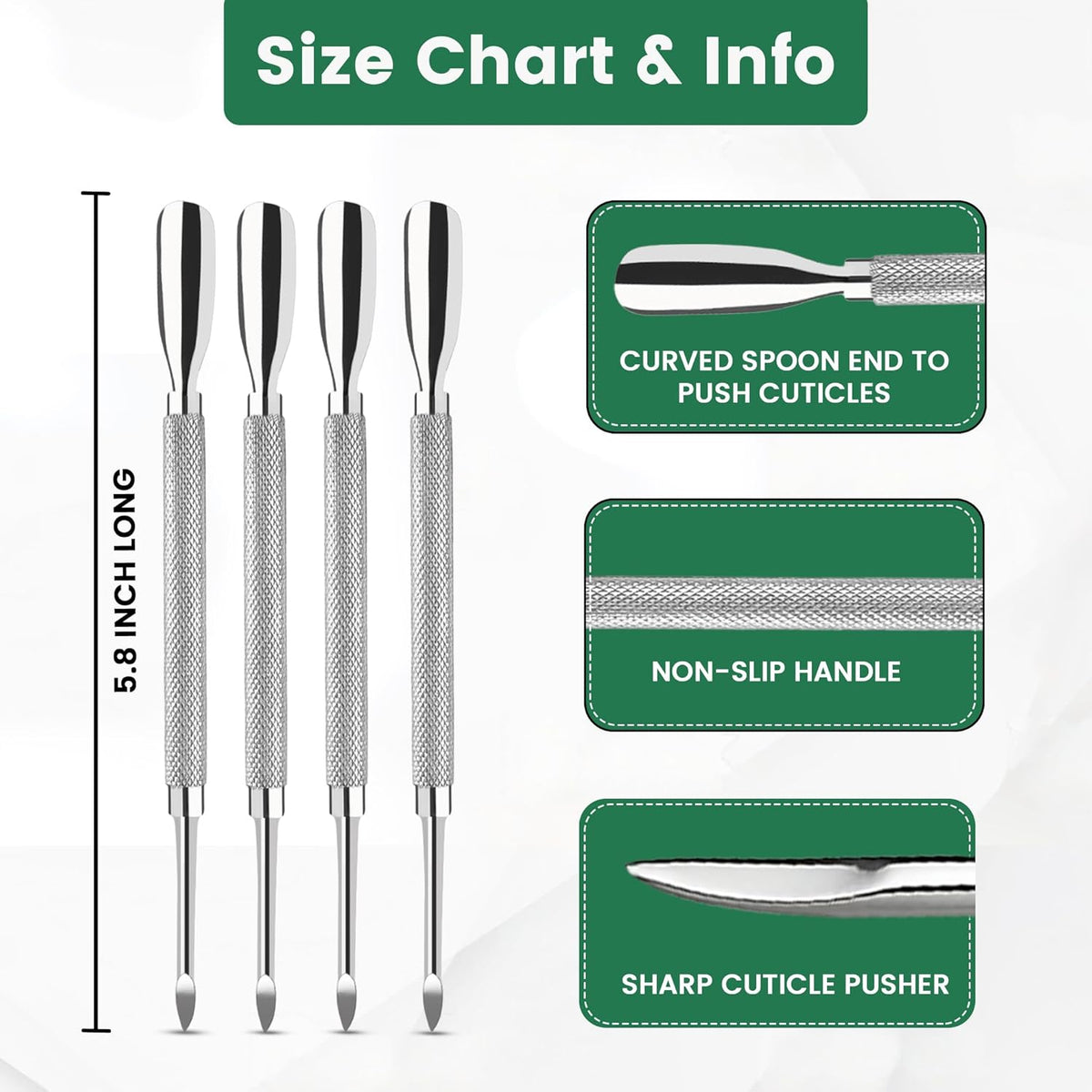 4PCS Cuticle Pusher Double Ended Sharp Edge Spoon Shaped Set, Salon Quality Stainless Steel Metal