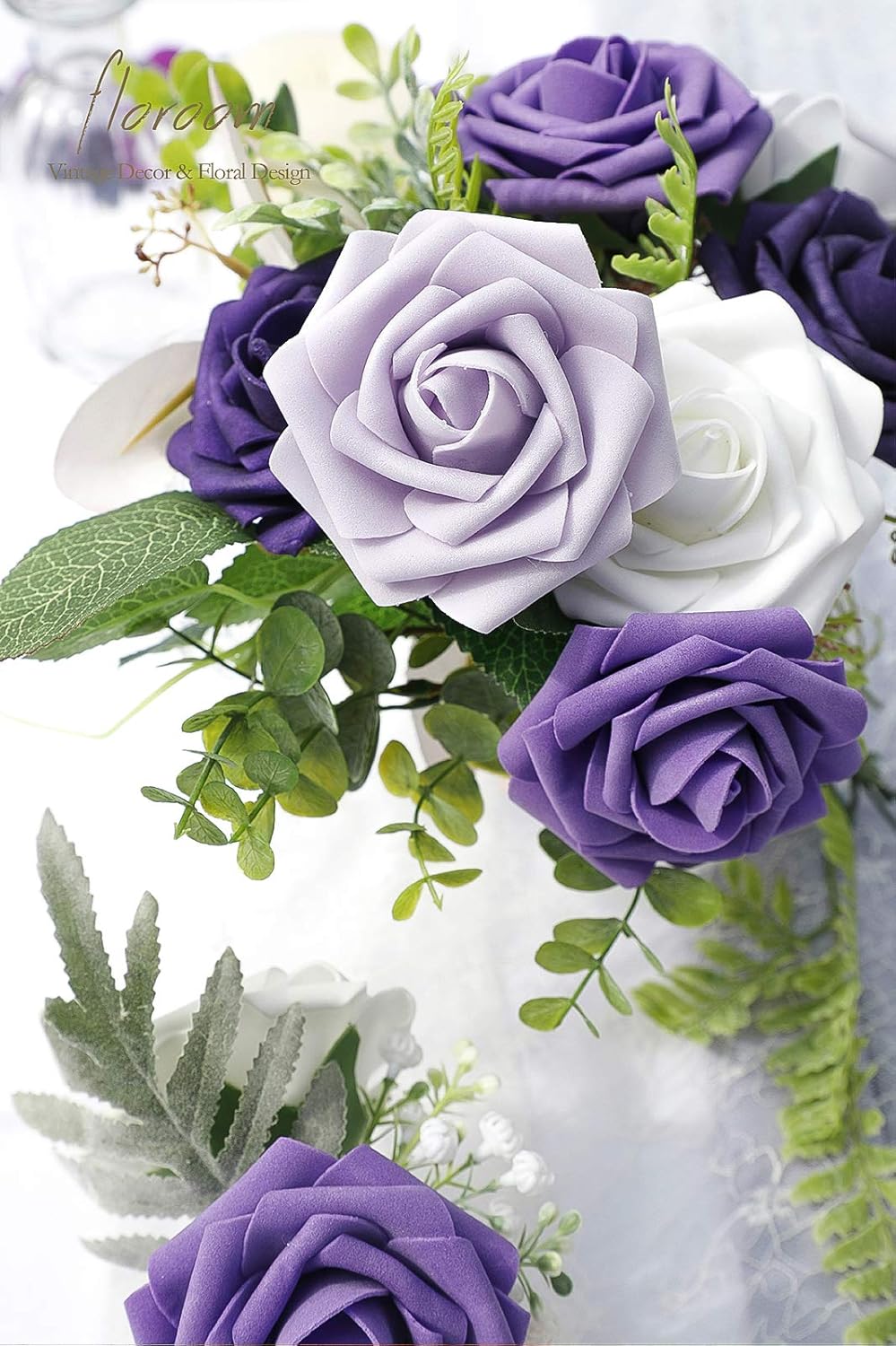 Floroom Artificial Flowers 25pcs Real Looking Violet Purple Ombre Colors Foam Fake Roses with Stems