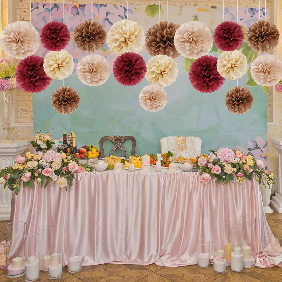 Capesaro Burgundy Beige 12PCS Paper Pom Poms Party Decorations for Engagement,Boho Wedding,Baby
