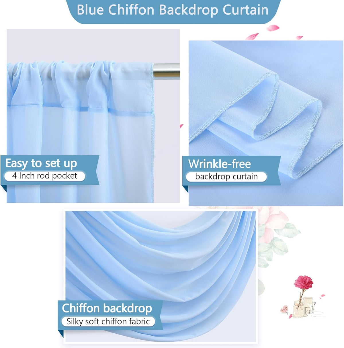 PARTISKY 10ftx10ft Blue Chiffon Sheer Backdrop Curtains, Wrinkle-Free Wedding Backdrop Drapes for