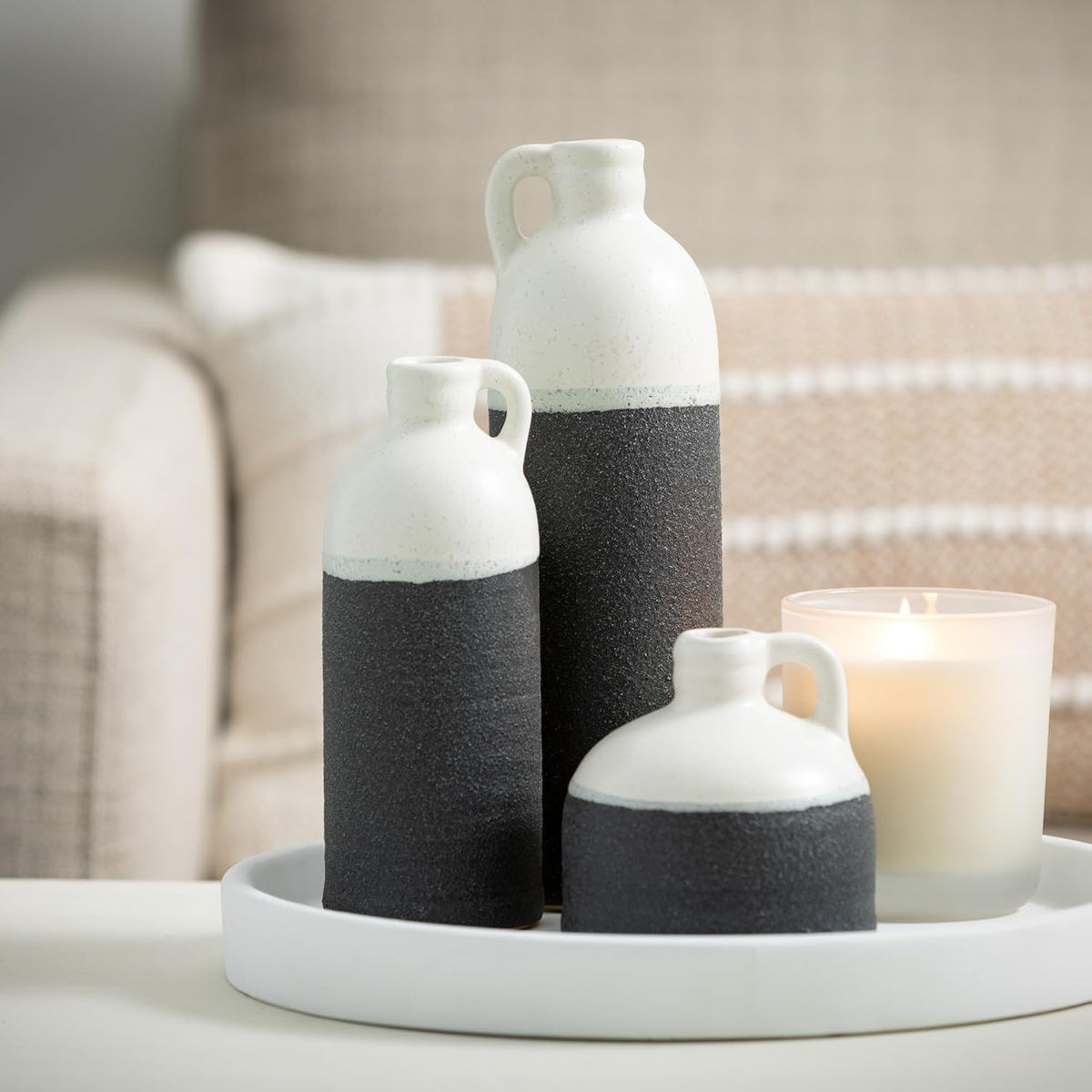 Sullivans Jug Vase Set, Two Tone White and Grey Texture Farmhouse Decor for Your Kitchen, Bedroom
