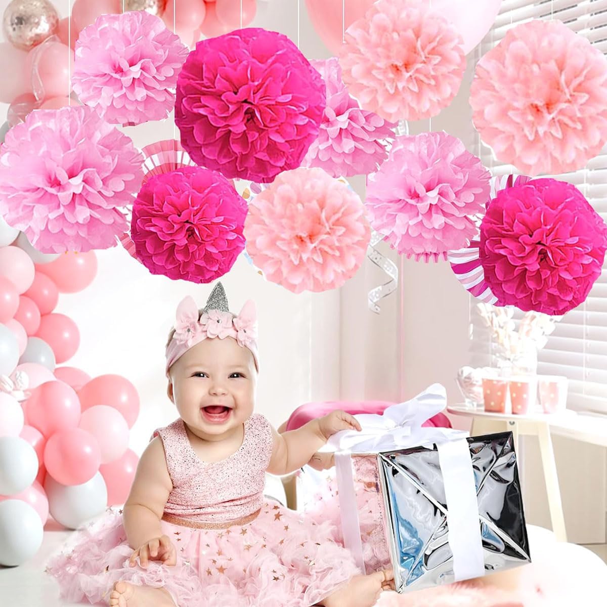 12pcs 10in 12in Pink Pack Paper Pom Poms Tissue Paper Party Pink Decor Flower Hanging Paper Flower