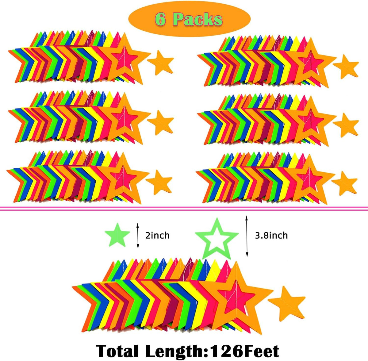 126feet UV Paper Garland Hollowed Star Neon Streamers Black Light Decorations Glow Party UV