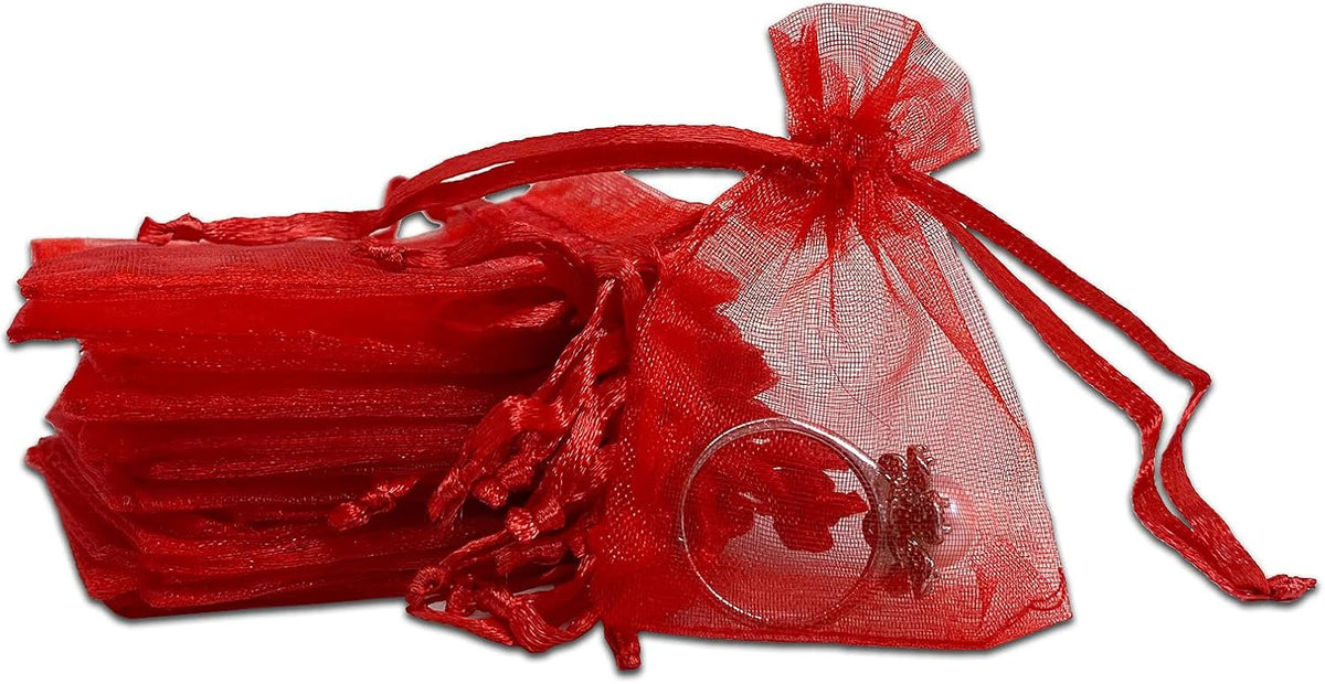 TheDisplayGuys 48-Pack 2" x 2-3/4" Red Sheer Organza Gift Bags with Drawstring, Jewelry Candy Treat