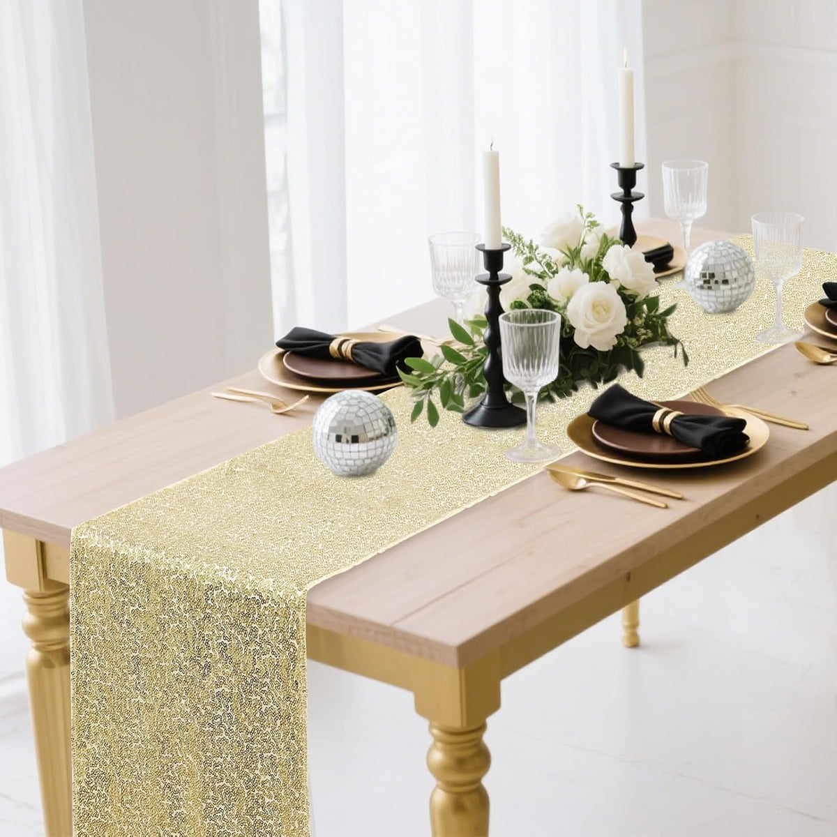 2 Packs 12 x 72 inches Sequin Table Runner, Champagne Glitter Table Runner for Birthday Party