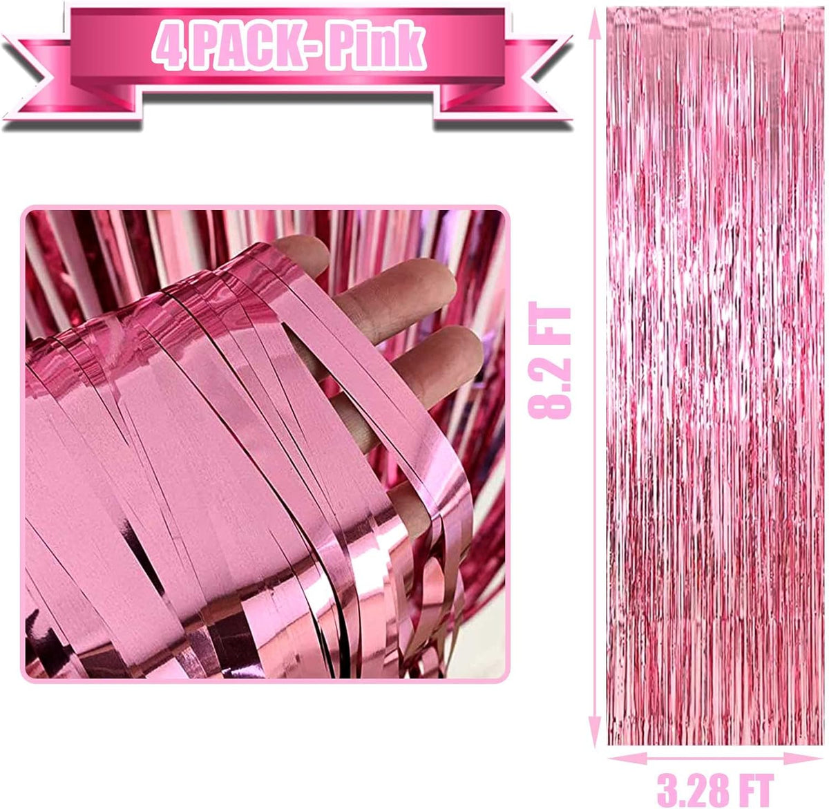 4 Pack Pink Foil Fringe Curtain Backdrop, 3.28Ft x 8.2Ft Metallic Tinsel Foil Fringe Streamer