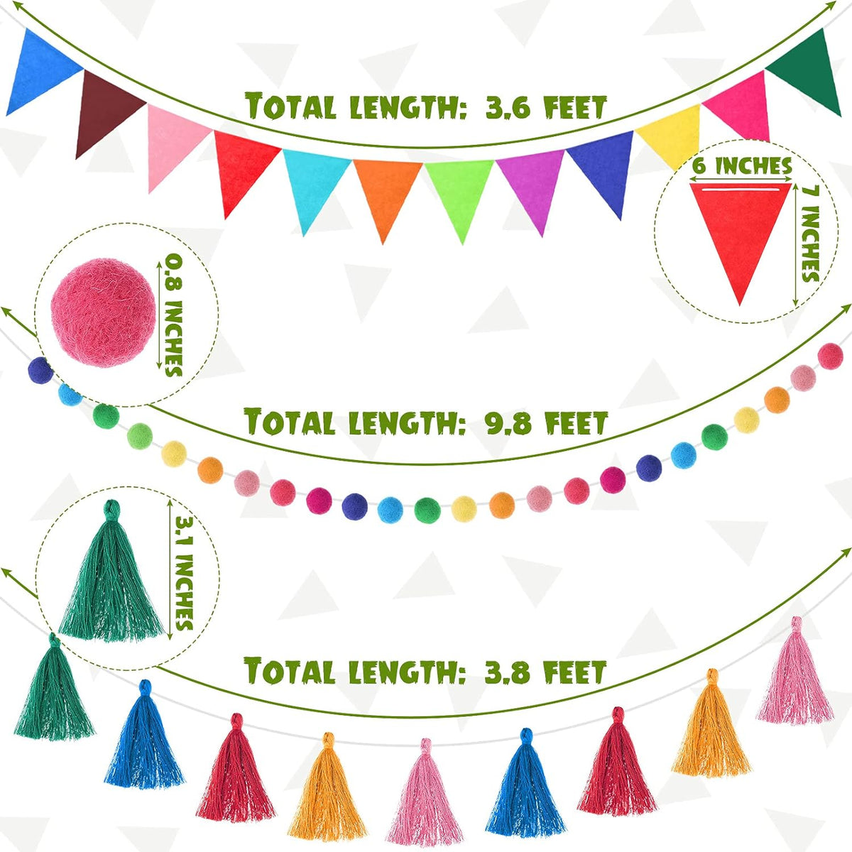 Irenare 9.8 ft Pom Pom Garland Felt Colorful Tassel Banner Christmas Party Pompoms Garland