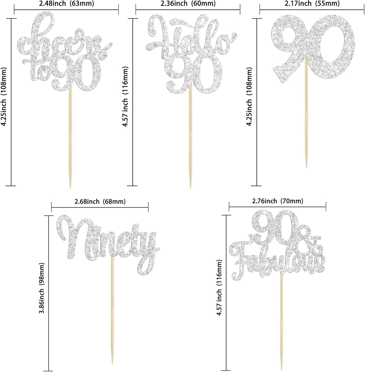 30pcs Happy 90th Birthday Cupcake Toppers - Silver Glitter Ninety Cheers to 90 Years Old Cupcake