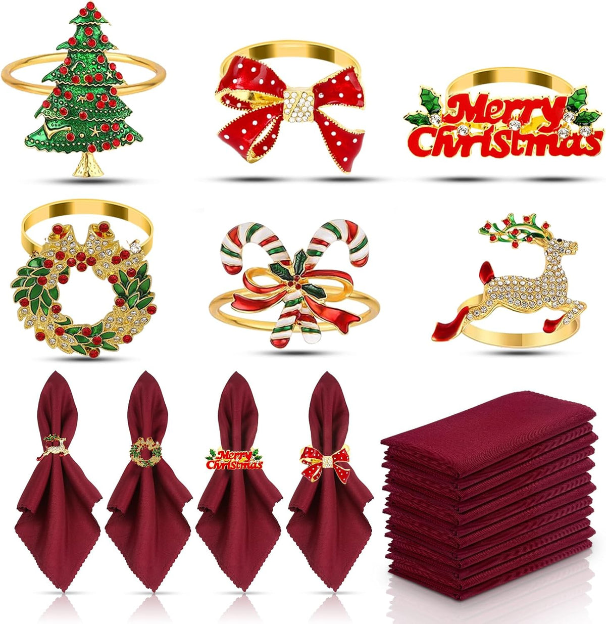 KPOSIYA 12PCS Christmas Napkin Rings Set of 6 and 6pcs Red Napkins Cloth, Metal Xmas Napkin Ring